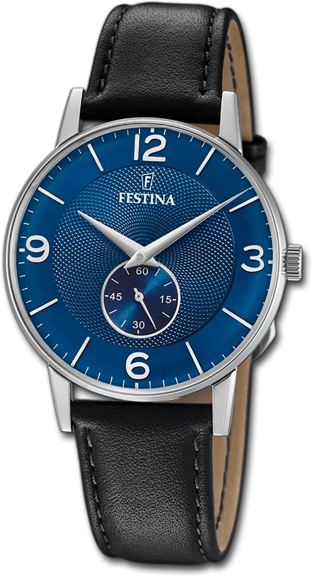 C mittel Klassik Festina blau, mit Armbanduhr, Quarzuhr Festina 36mm), Herrenuhr rundes Gehäuse, Herrenuhr Lederarmband, (ca.