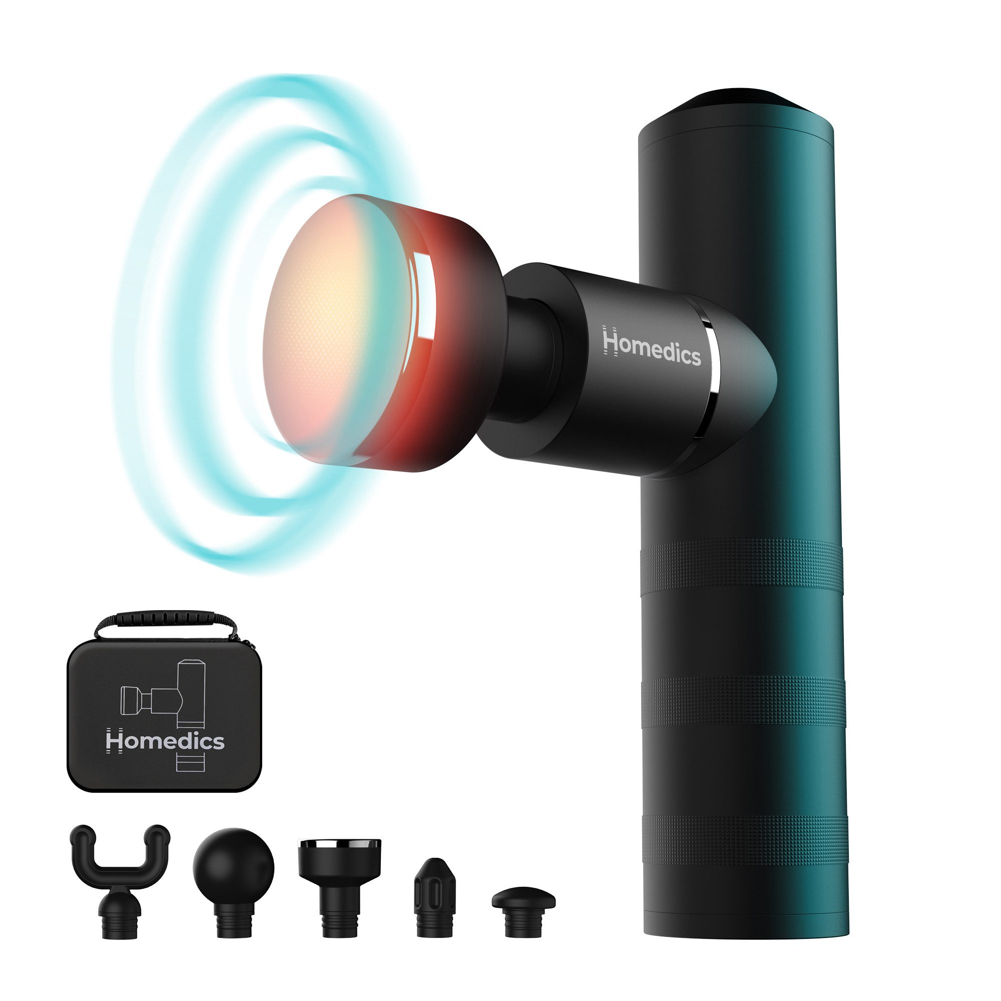 HOMEDICS Massagepistole MYTI Mini HHP-65GM Massagepistole Wärme Muskelmassage tragbar, 5 Massageköpfe, Beheizter Aufsatz, 4 Stufen, USB-C, leise, Reiseetui