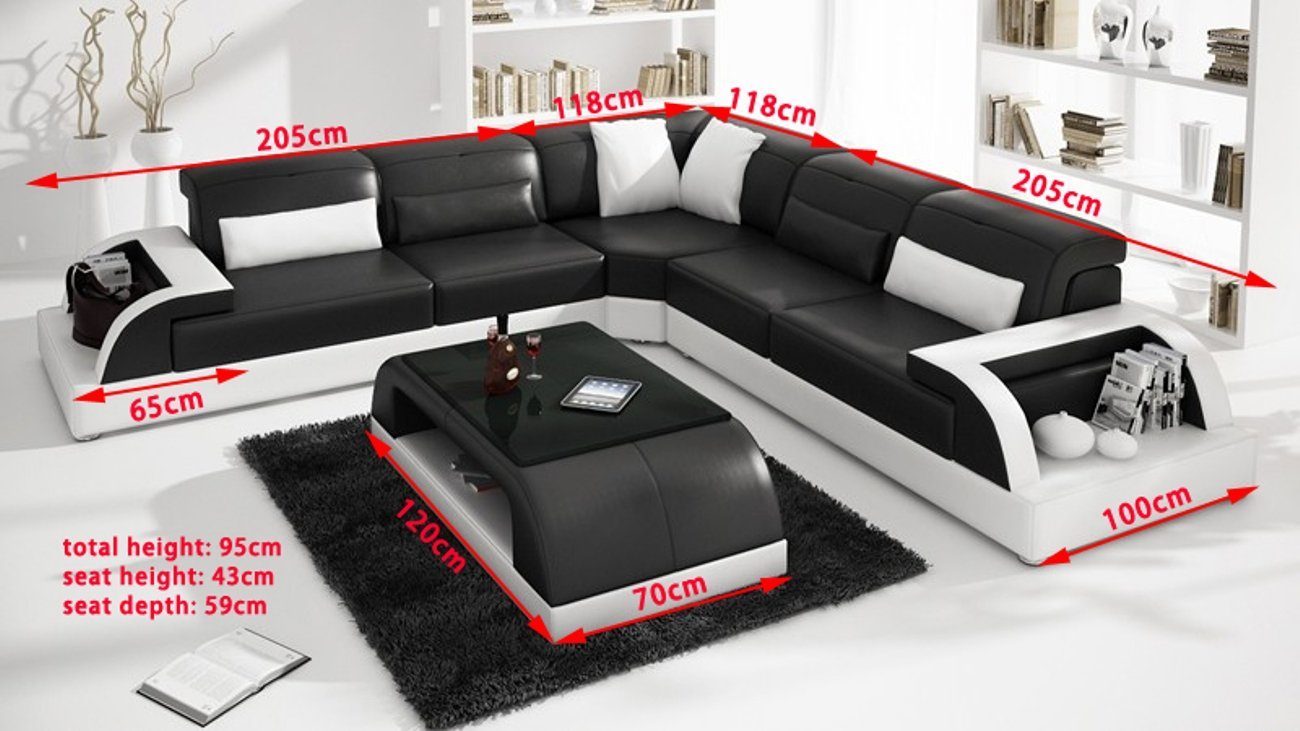 JVmoebel Leder Polster Sofas Garnitur Ecksofa Ecksofa, Couch Eck Wohnlandschaft Schwarz Sofa