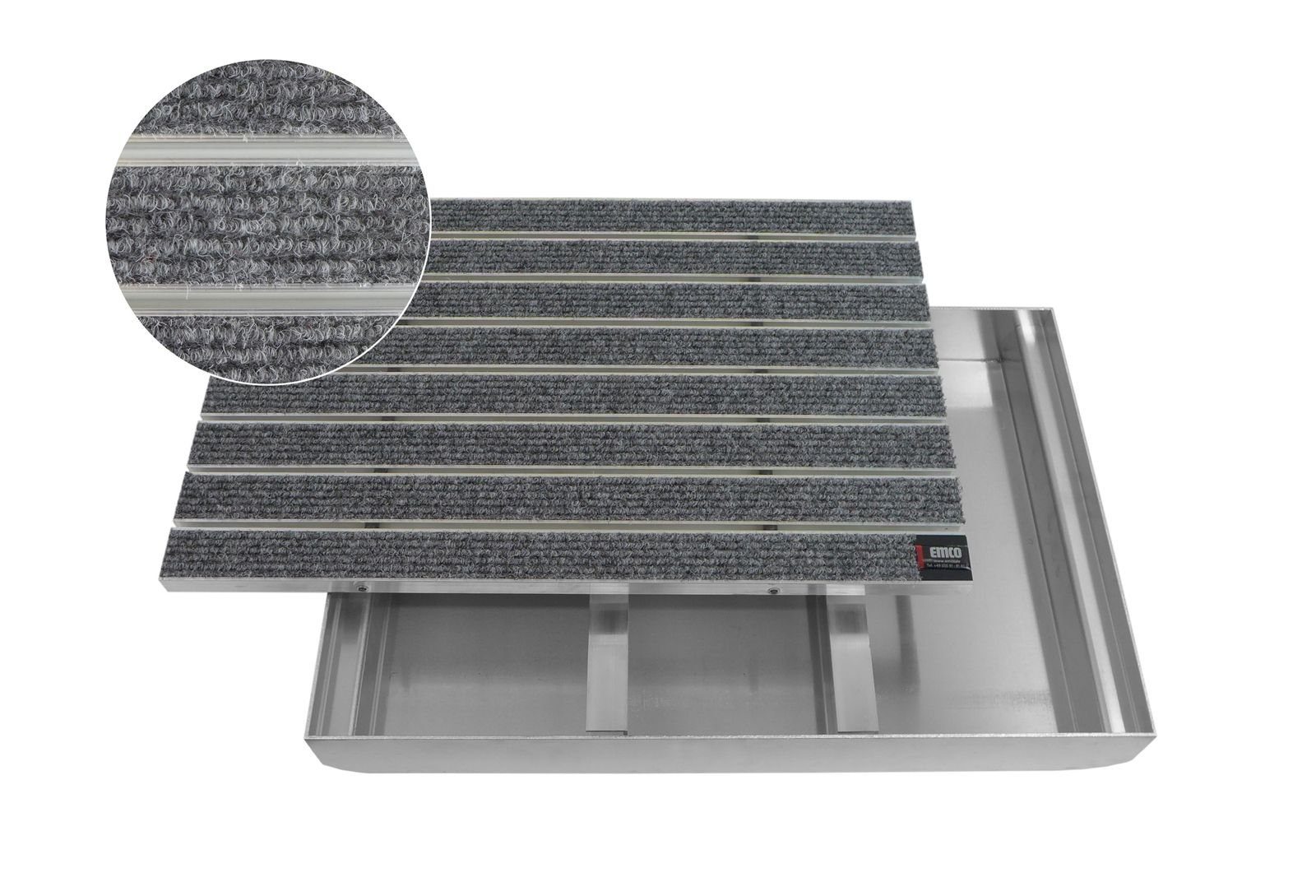 Emco Fußmatte Eingangsmatte DIPLOMAT + Bodenwanne Aluminium, Large Rips Hellgrau, rechteckig, Höhe: 75 mm, Größe: 600x400 mm, für Innen- und überdachten Außenbereich