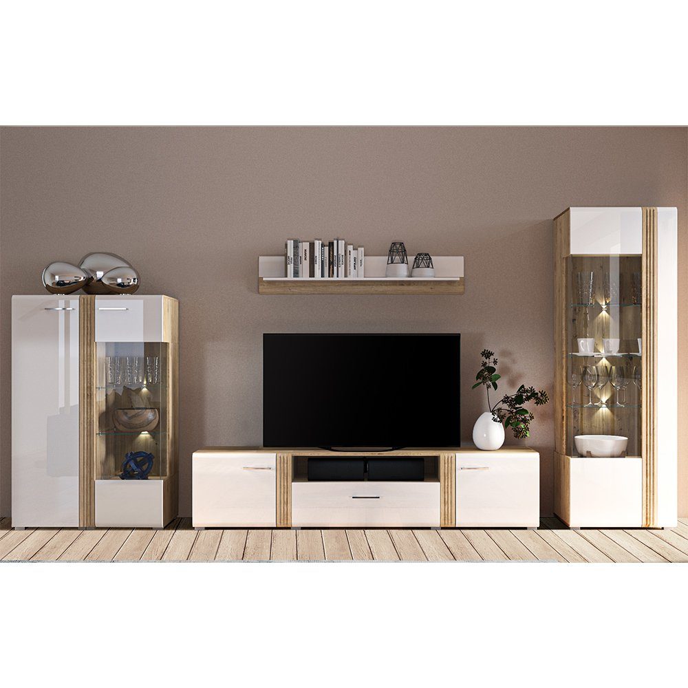 Lomadox Wohnwand AKRON-131, (4-St), Anbauwand inkl. Vitrinenschrank, Lowboard, Wandboard und Highboard