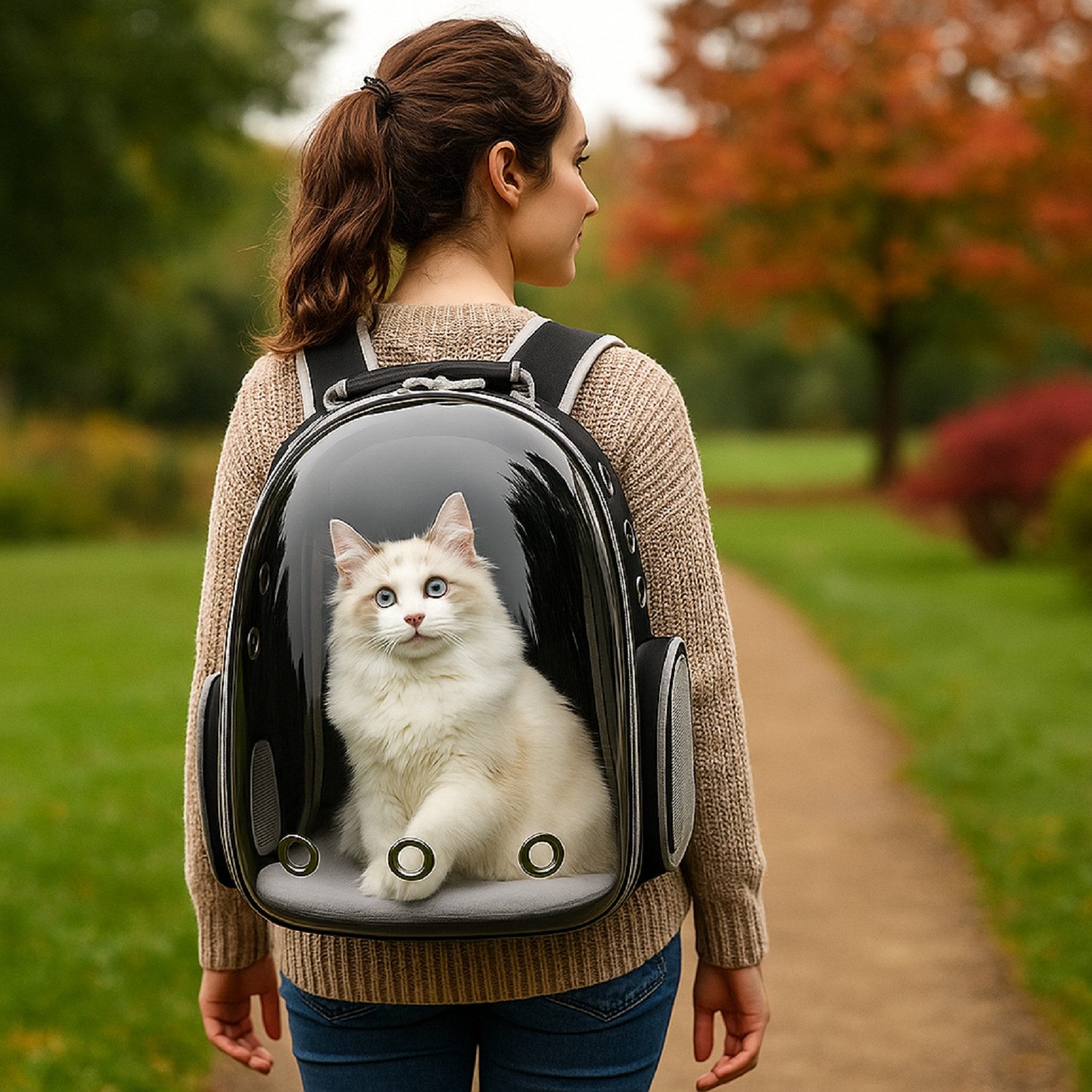 QLS Tierreisebox Transportrucksack 40x30x28 cm bis 7 kg, transparent, Sichtblende, Belüftung, wasserabweisend, Kunststoff