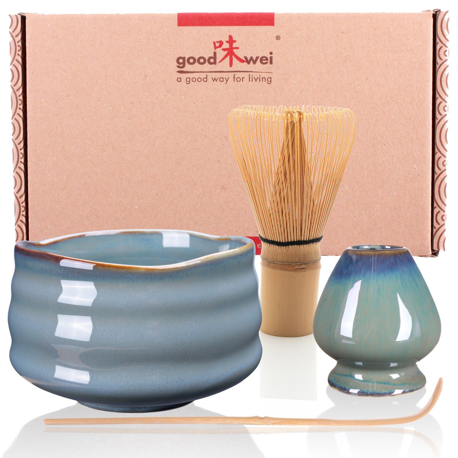 Goodwei Teeservice Matcha-Set "Menouseki" 120 mit Teeschale, Matchabesen und Besenhalter (4-tlg), Keramik | Teeservice
