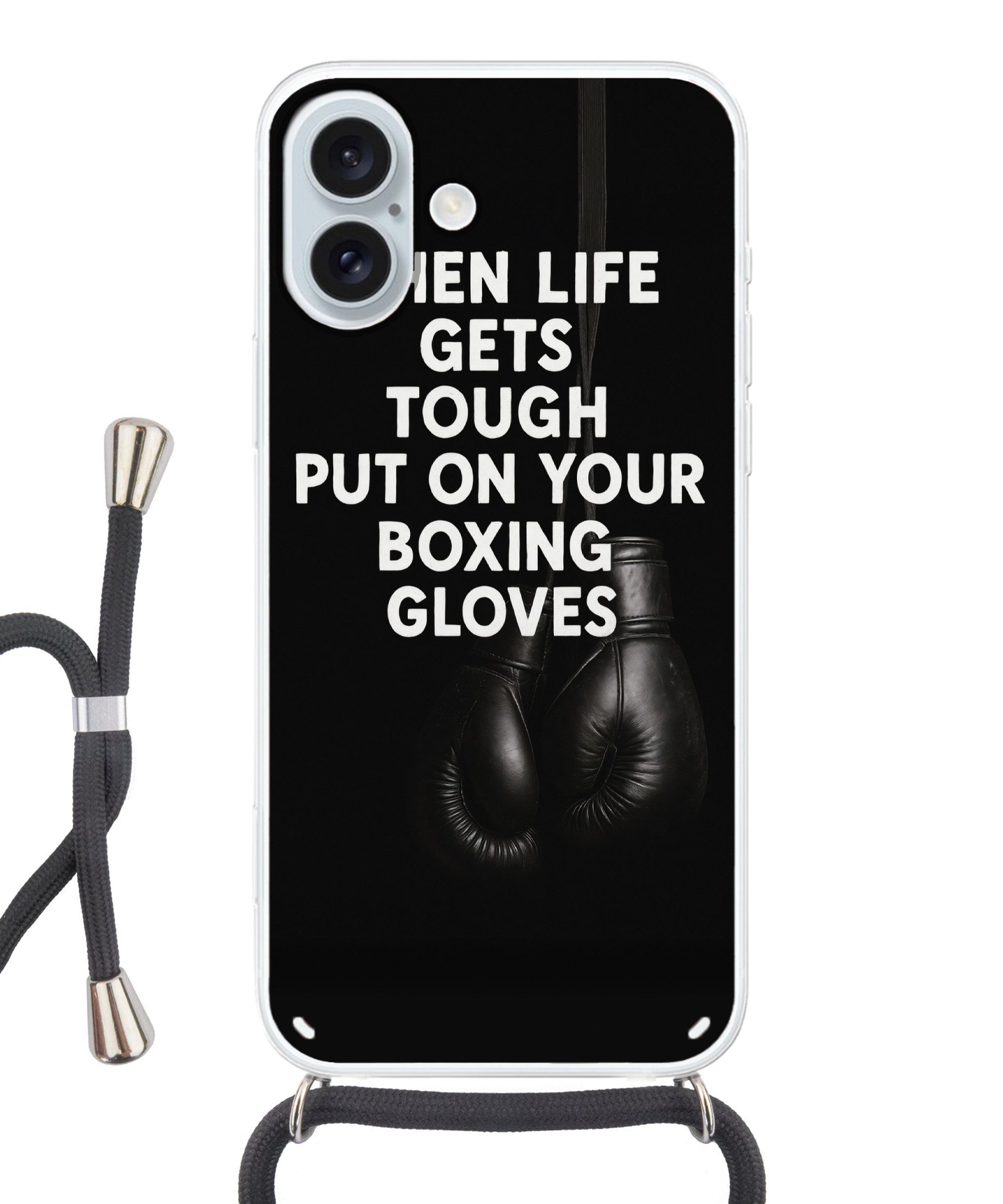 MuchoWow Handyhülle für Apple iPhone 16 Plus Text - Boxhandschuhe - Weiß, Tragbare Handyhüllen mit Kette zum umhängen, Handykette Handyband