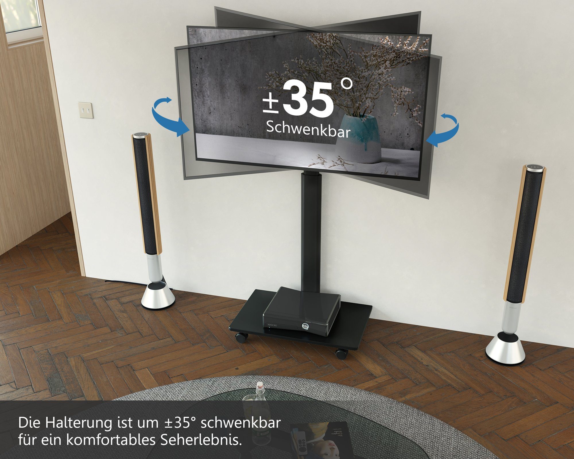 FITUEYES TV-Ständer TV-Rollwagen mit Rollen, 32-60 Zoll, (bis 60,00 Zoll, höhenverstellbar, ±35° schwenkbar) – Bild 2 von 5