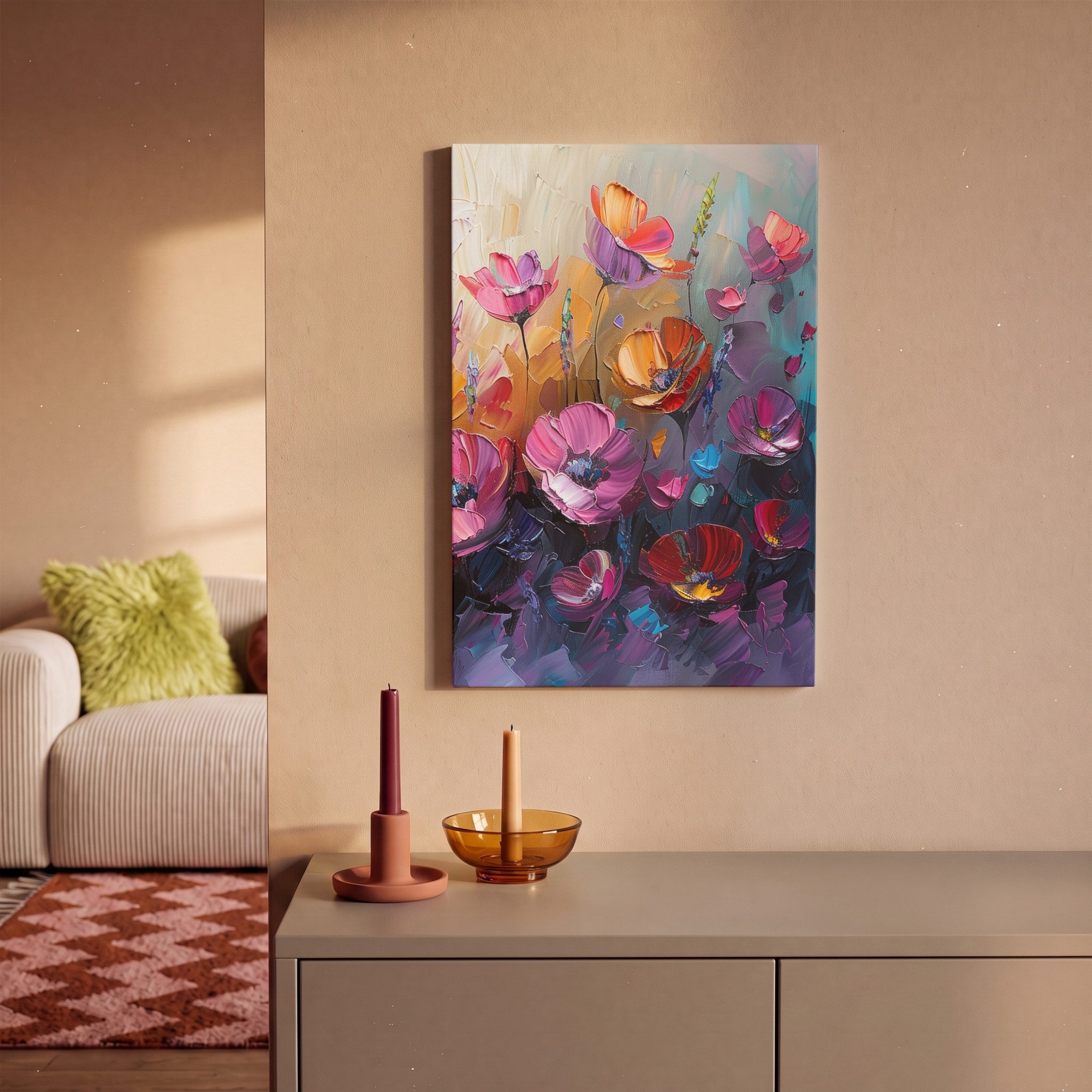 OneMillionCanvasses® Leinwandbild Blumen - Lila - Farbenfroh - Handbemalt - Kunst, Fotodruck (1 St), Wandbild, Deko Schlafzimmer Wohnzimmer Flur 20x20 cm – Bild 2 von 5