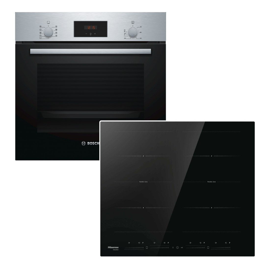 BOSCH Backofen-Set Teleskopauszug + Hisense Induktionskochfeld FlexZone TouchSlider, mit 1-fach Teilauszug
