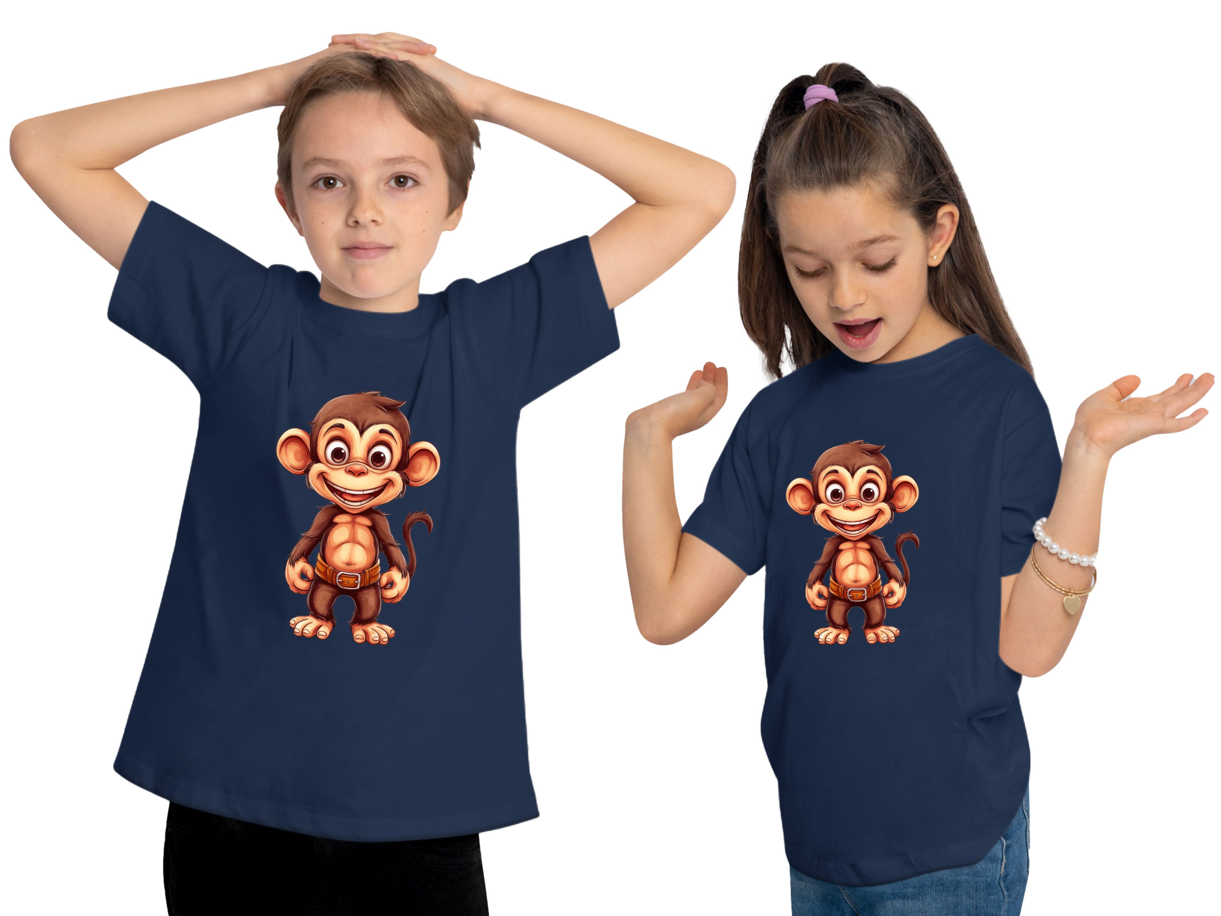 MyDesign24 T-Shirt Kinder bedruckt Baumwollshirt Print Shirt Baby blau Wildtier mit Schimpanse Aufdruck, - i276 Affe navy