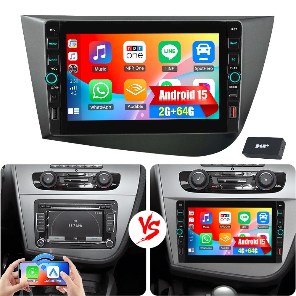 ESSGOO Für Seat Leon 1P1 2005-12 Android15 Autoradio Carplay GPS NAVI Mit USB Autoradio (RDS, 4+64GB(optional), Digitalradio (DAB), FM, SWC, Apple Carplay Android Auto GPS Navi WIFI BT EQ mit USB- und Type-C)