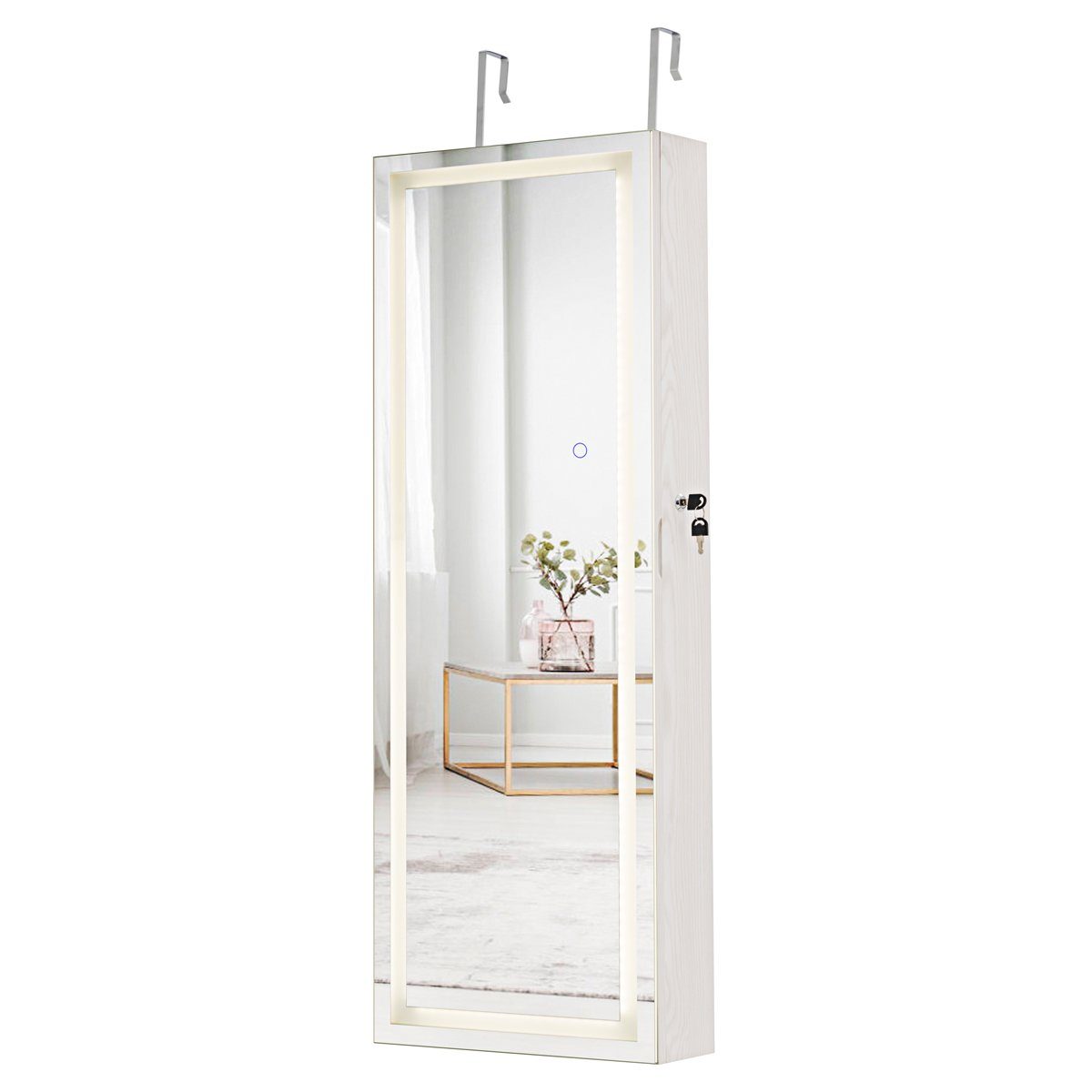 COSTWAY Schmuckschrank mit Spiegel und LED, hängend, abschließbar, 120x40cm Weiß
