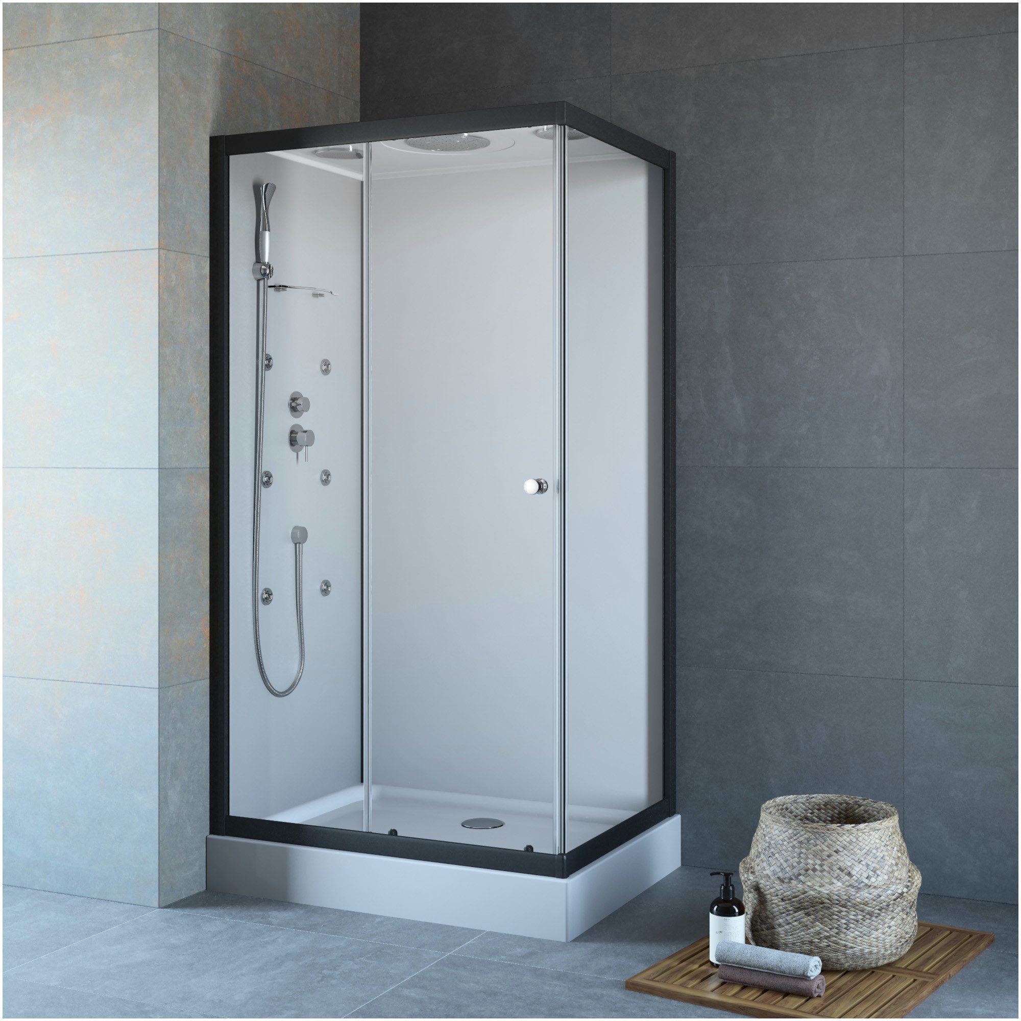 Dusche-24 Komplettdusche Komplettdusche 110x80 cm mit Fronteinstieg, BxT: 110x80 cm, Einscheibensicherheitsglas, inkl. Regenwalddusche und Massagedüsen