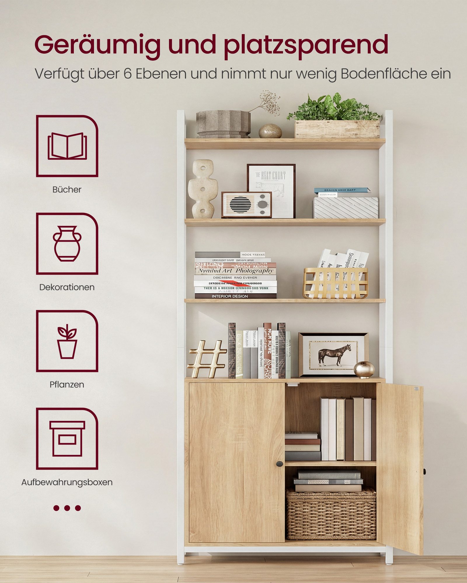 VASAGLE Bücherregal, 6 Ebenen, Regal, Standregal mit Türen