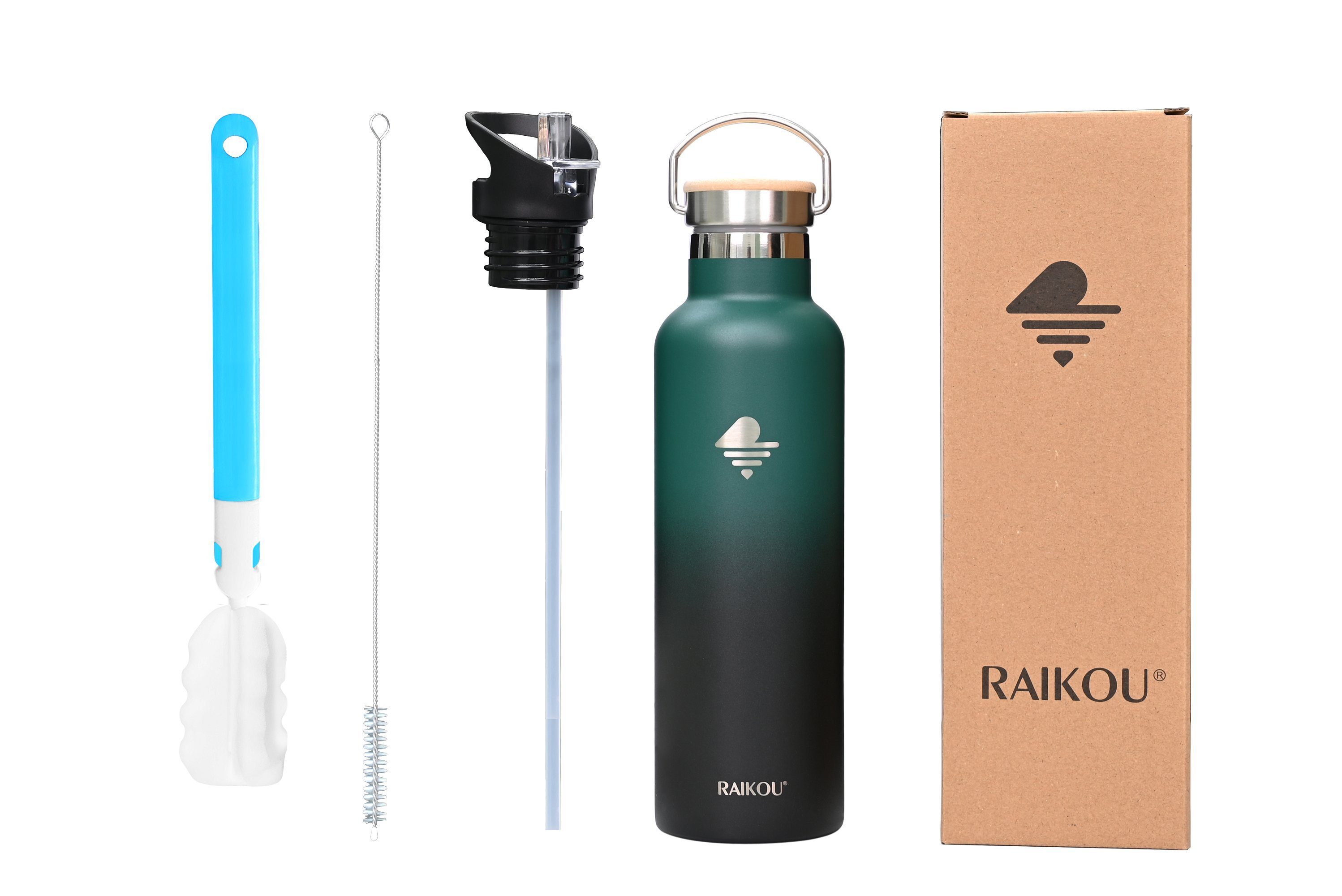RAIKOU Isolierflasche Edelstahl Trinkflasche Vakuumisolierte Wasserflasche Thermoflasche, bis zu 12H heiß / 24H kalt,mit 2 Deckel,350ml/500ml/750ml/1000ml Waldgrün