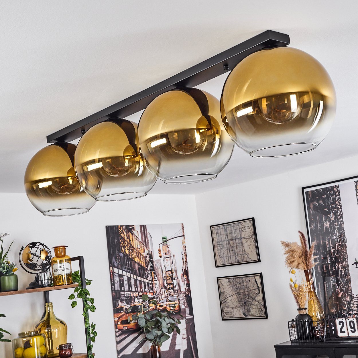 Retro/Vintage-Design Deckenlampe Leuchte Glas Schwarz/Goldfarben/Klar, »Cesaro« (30cm), Metall/Glas hofstein in Leuchtmittel, Schirmen ohne aus im Deckenleuchte 4xE27 aus mit