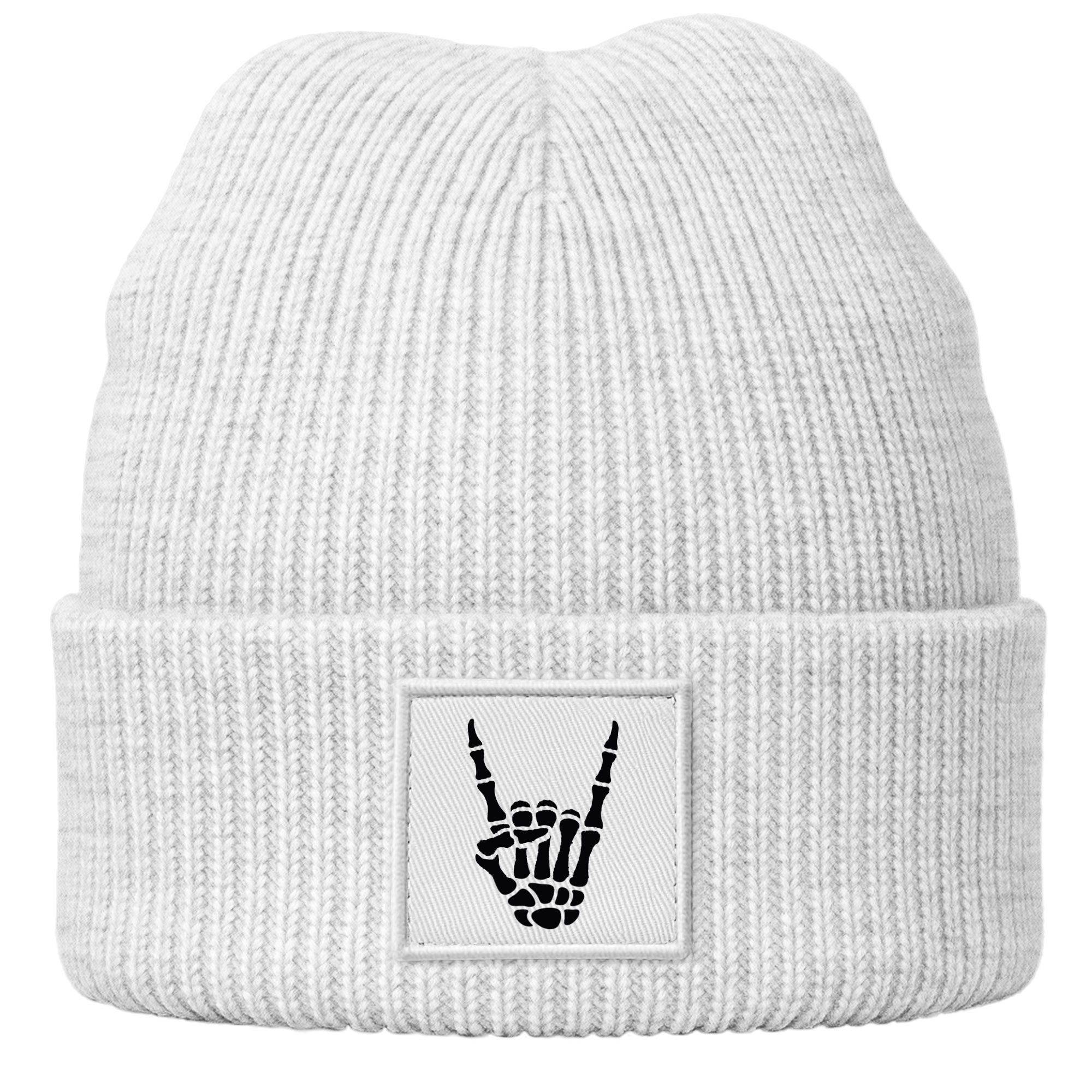 Strickmütze Damen Beanie mit Aufdruck Skeletthand Wintermütze Frauen Strickmütze