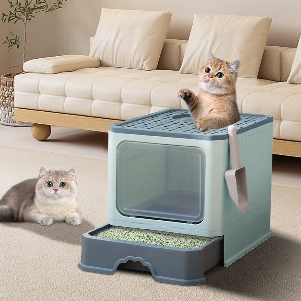 JEOBEST Katzentoilette Katzenklo, Katzentoilette, mit Deckel, ausziehbares Tablett, Quadratisch, Spritzwassergesc - 50 x 38 x 37 cm