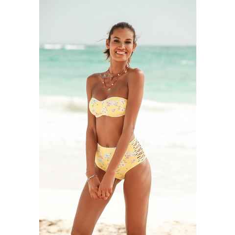 Sunseeker Highwaist-Bikini-Hose Ditsy mit Häkelkante und seitlichen Zierbändern