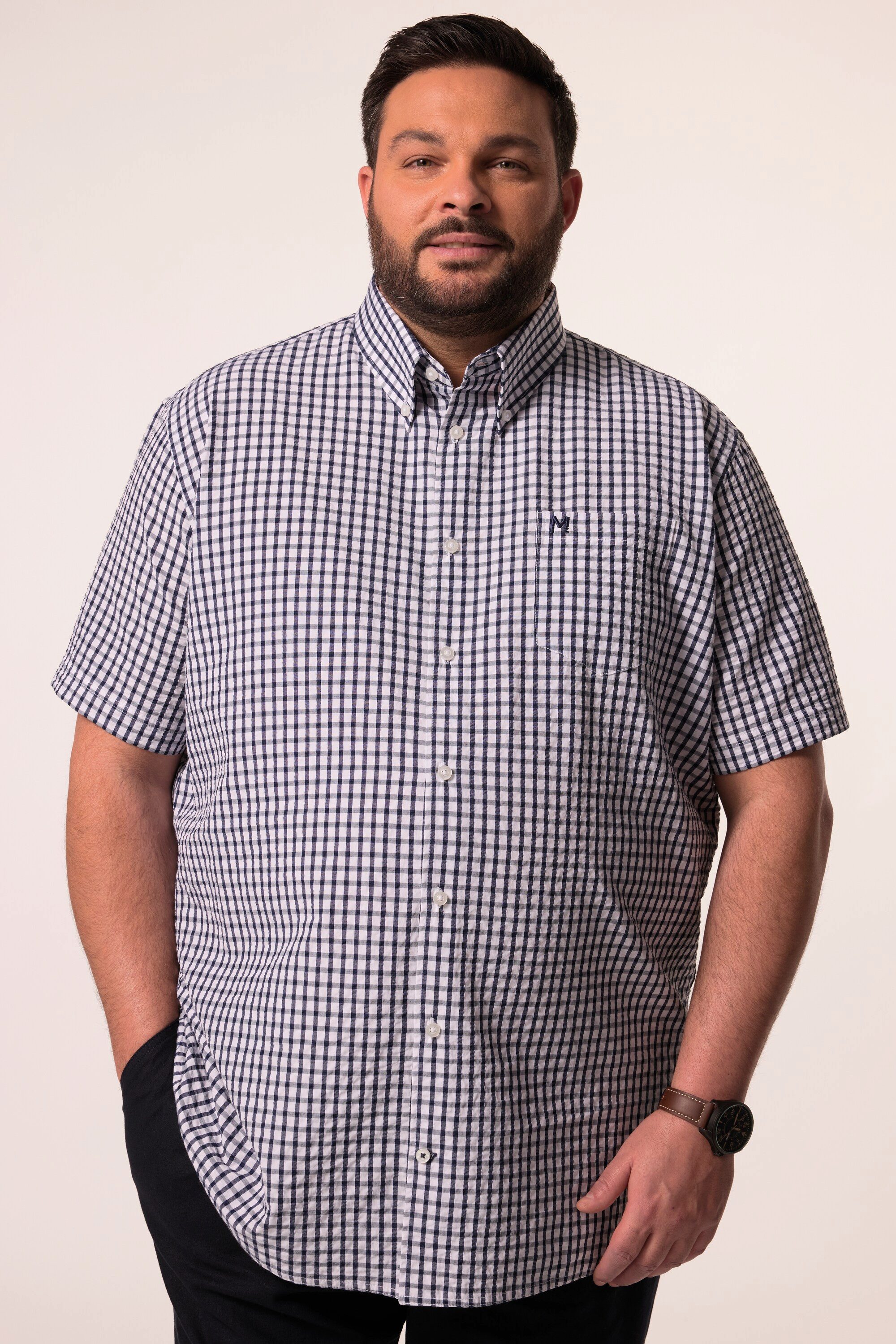 Men Plus Kurzarmhemd Men+ Karohemd Halbarm Seersucker Buttondown-Kragen günstig online kaufen