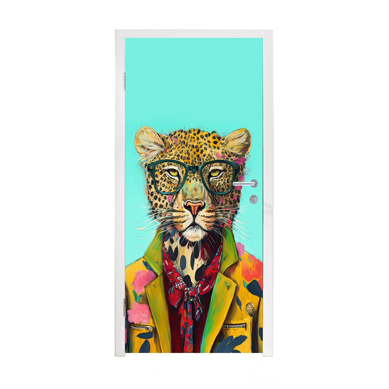 MuchoWow Türtapete Tier - Brille - Leopard - Schleife - Design, Matt, bedruckt, (1 St), Fototapete für Tür, Türaufkleber, 75x205 cm