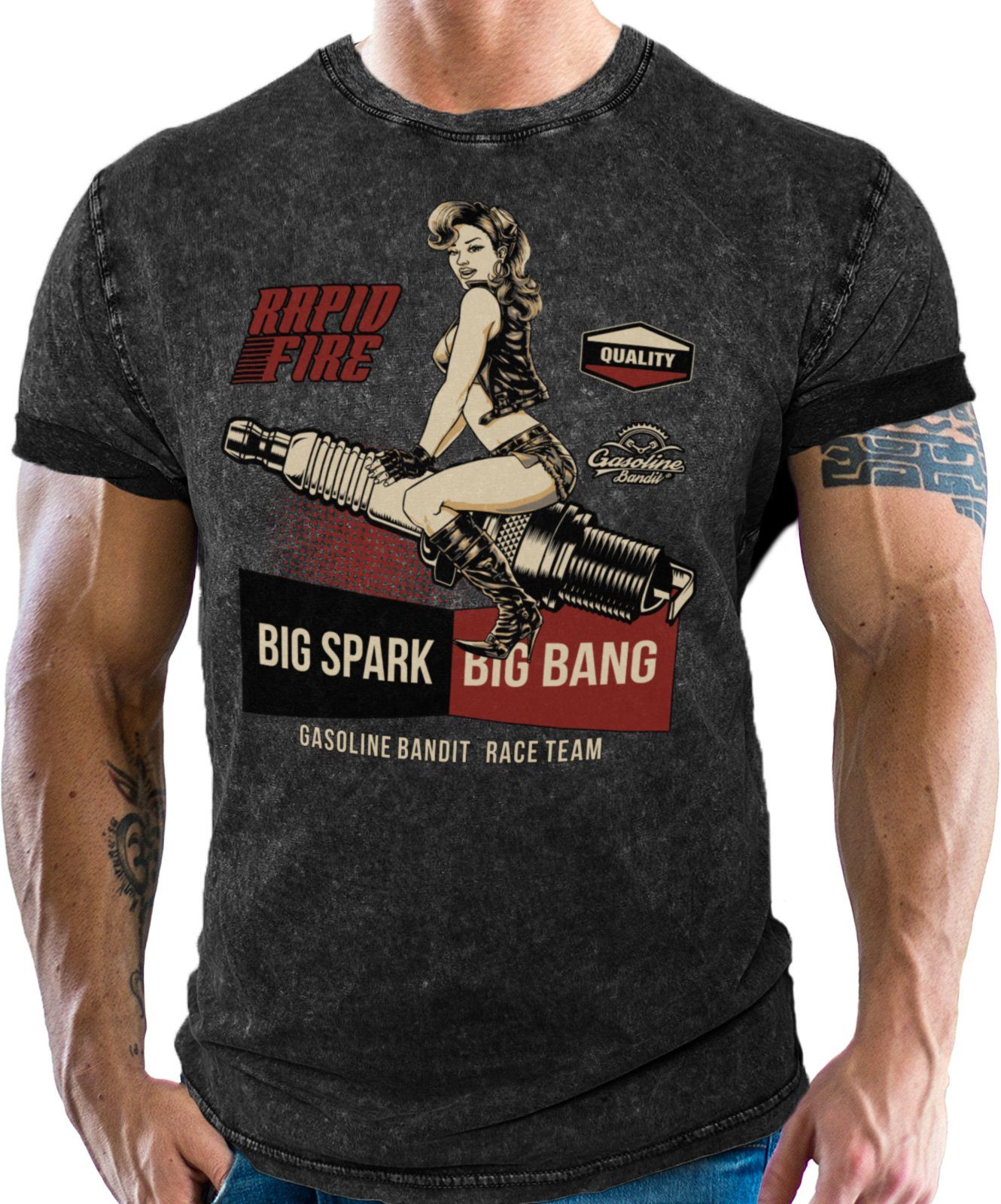 BANDIT® Fans: Big Washed Racing Motorrad GASOLINE T-Shirt für Biker, und Black Spark