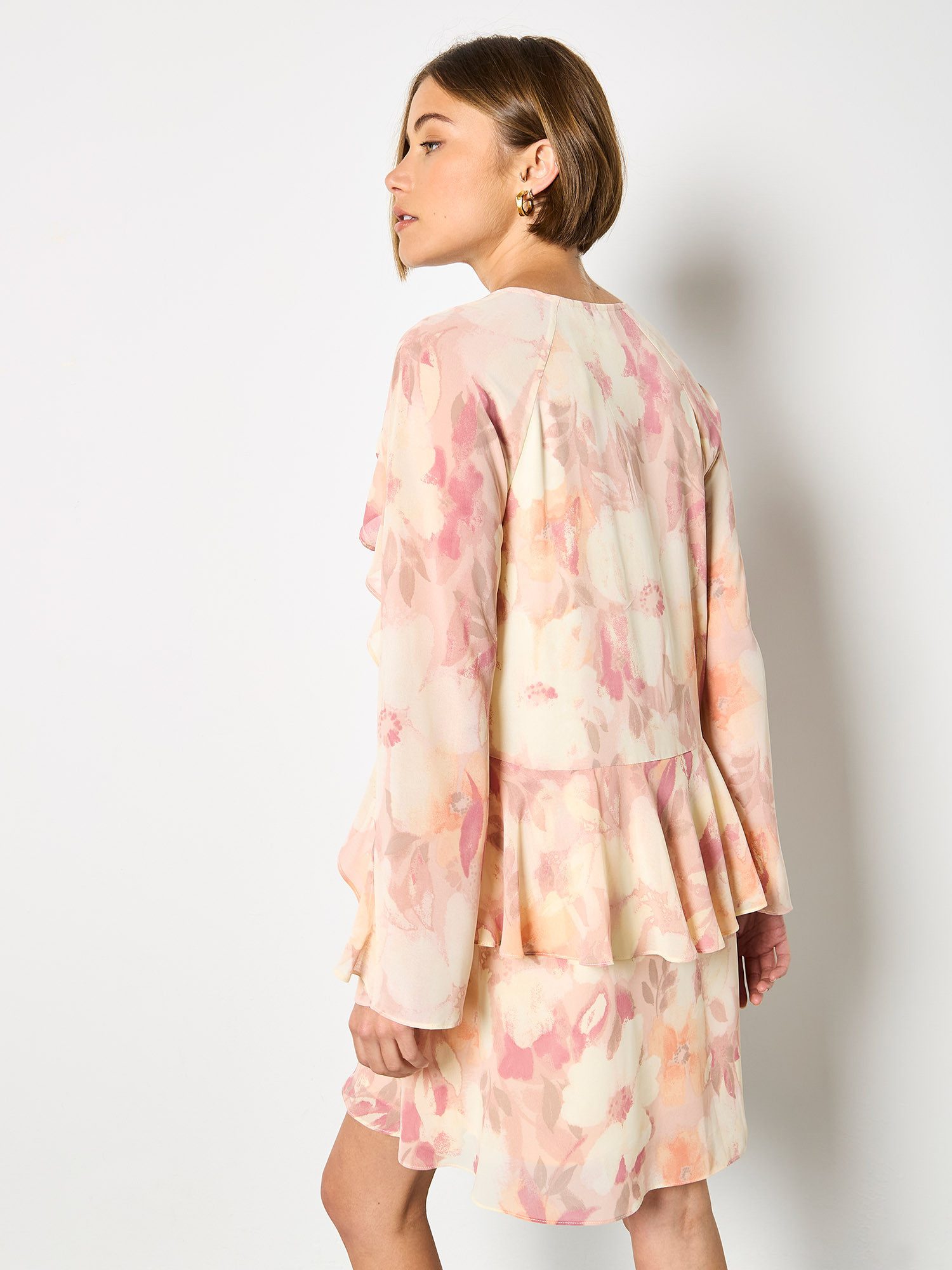 Apricot Druckkleid Mini-Kleid aus Chiffon mit Blumenmuster mit Rüschen – Bild 4 von 5