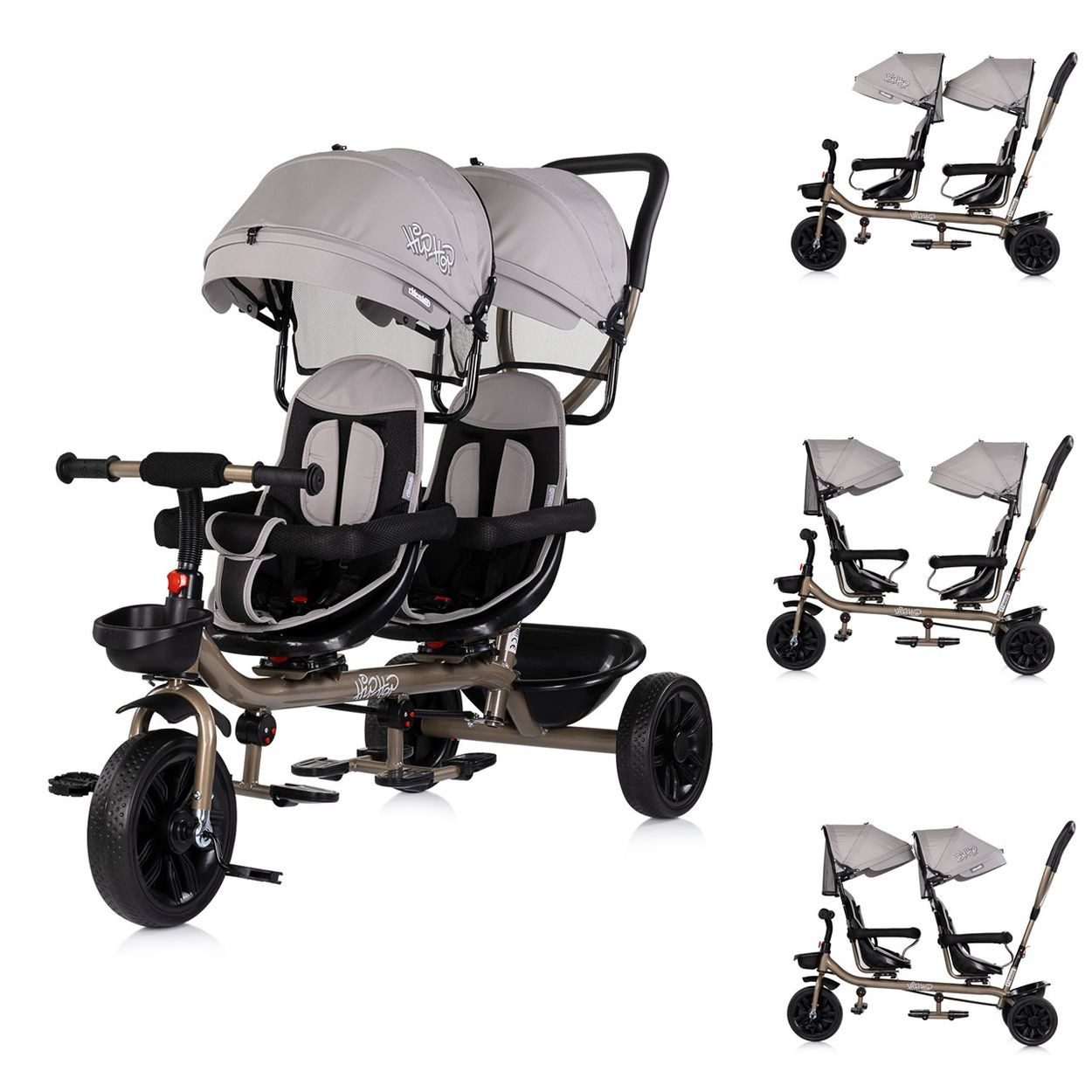 Babyshoppen Dreirad Hip Hop, Geschwister, zwei Kinder, 360° drehbare Sitze, Schiebegriff, Gurte