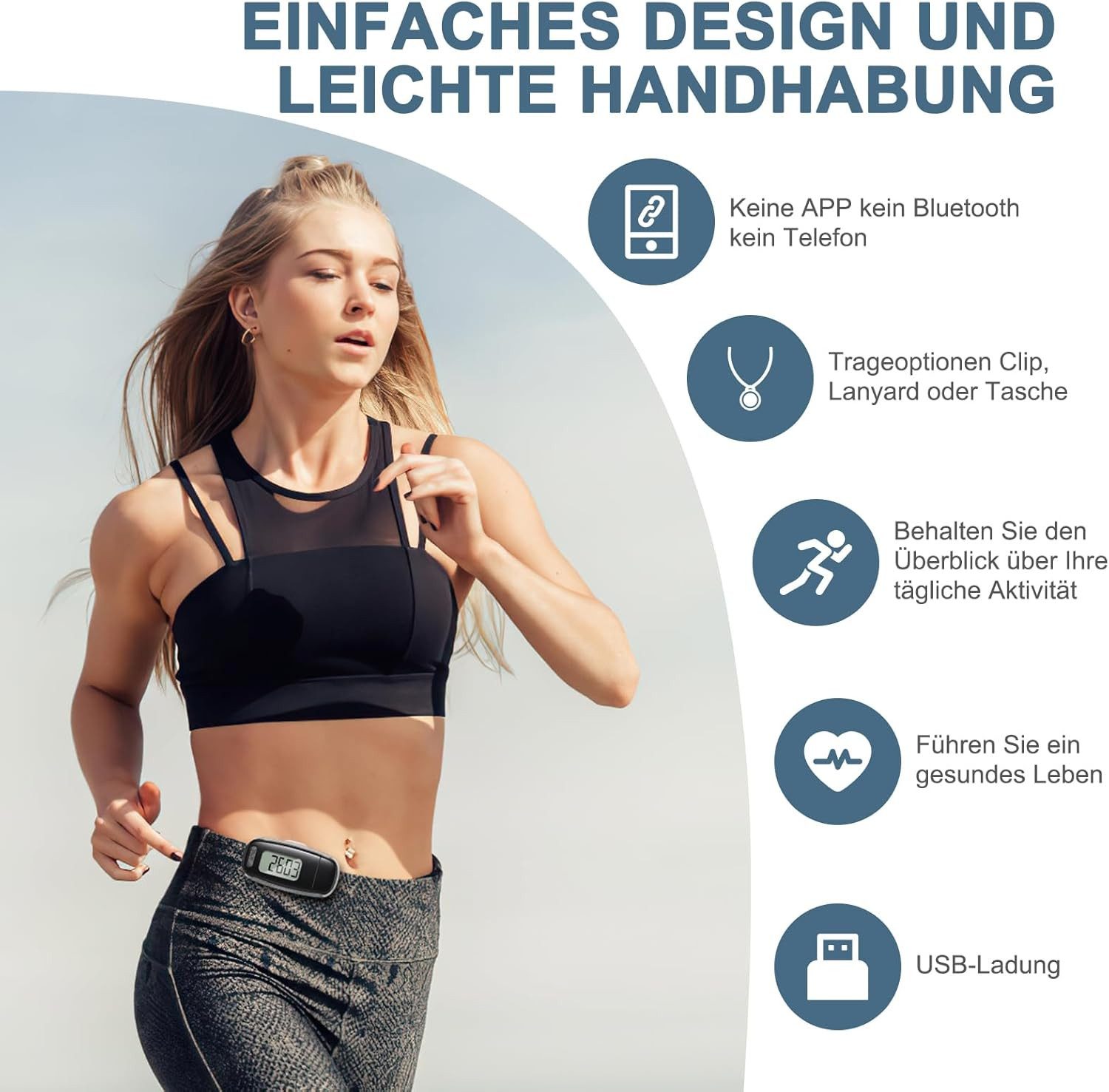 Coonoor Schrittzähler USB Aufladbarer 3D Pedometer, Großes Display, Einfacher Schrittzähler ohne App, Präzise Verfolgung Ihrer Schritte