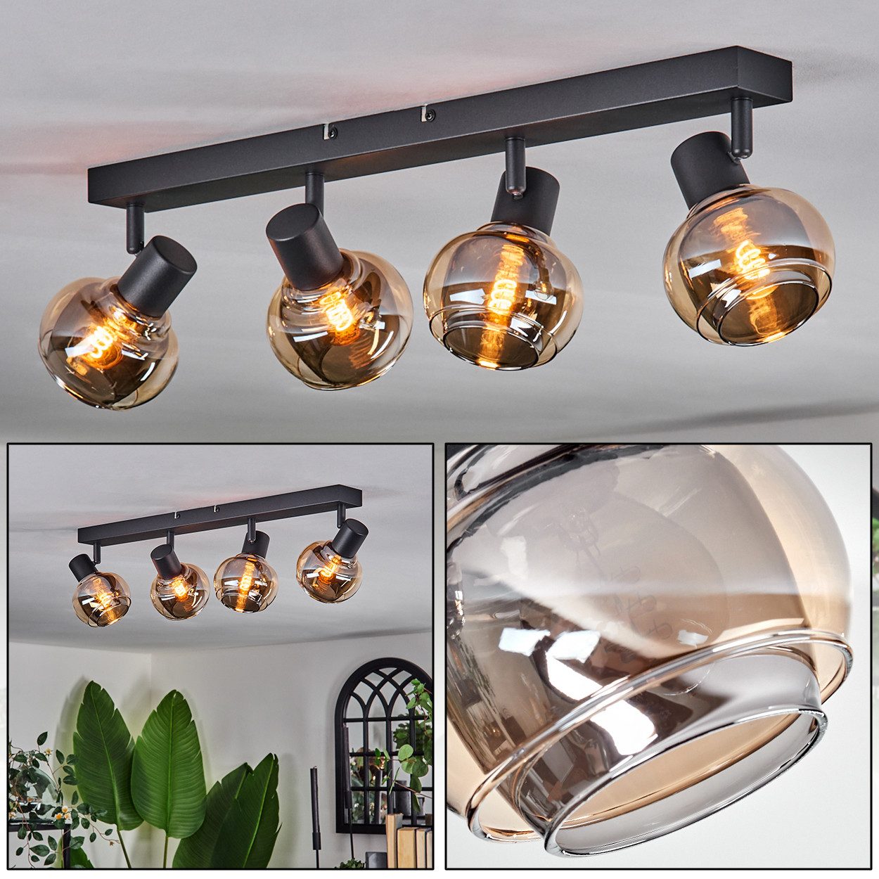 hofstein Deckenleuchte Deckenlampe aus Metall/Glas in Schwarz/Bernsteinfarben/Rauchfarben, ohne Leuchtmittel, modernen Retro/Vintage-Design Leuchte, Glasschirme Ø 10,5 cm, 4 x E14