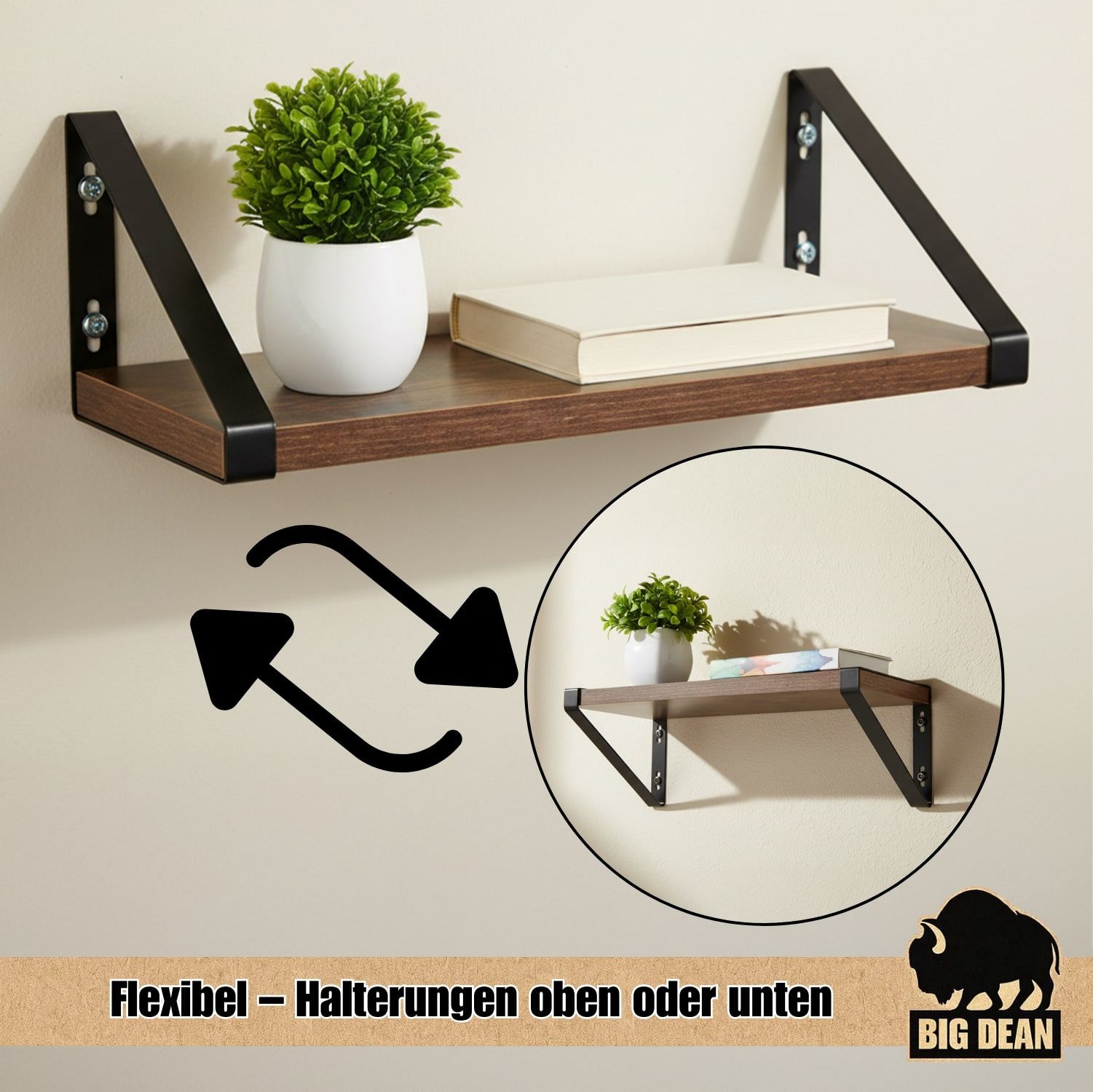 BigDean Wandregal 3er Set Wandregal Wall Shelf 2 Montagemöglichkeiten 30/35/40 cm, Set 1-tlg., Vintage Look, 2 Montage Möglichkeiten – Bild 4 von 5