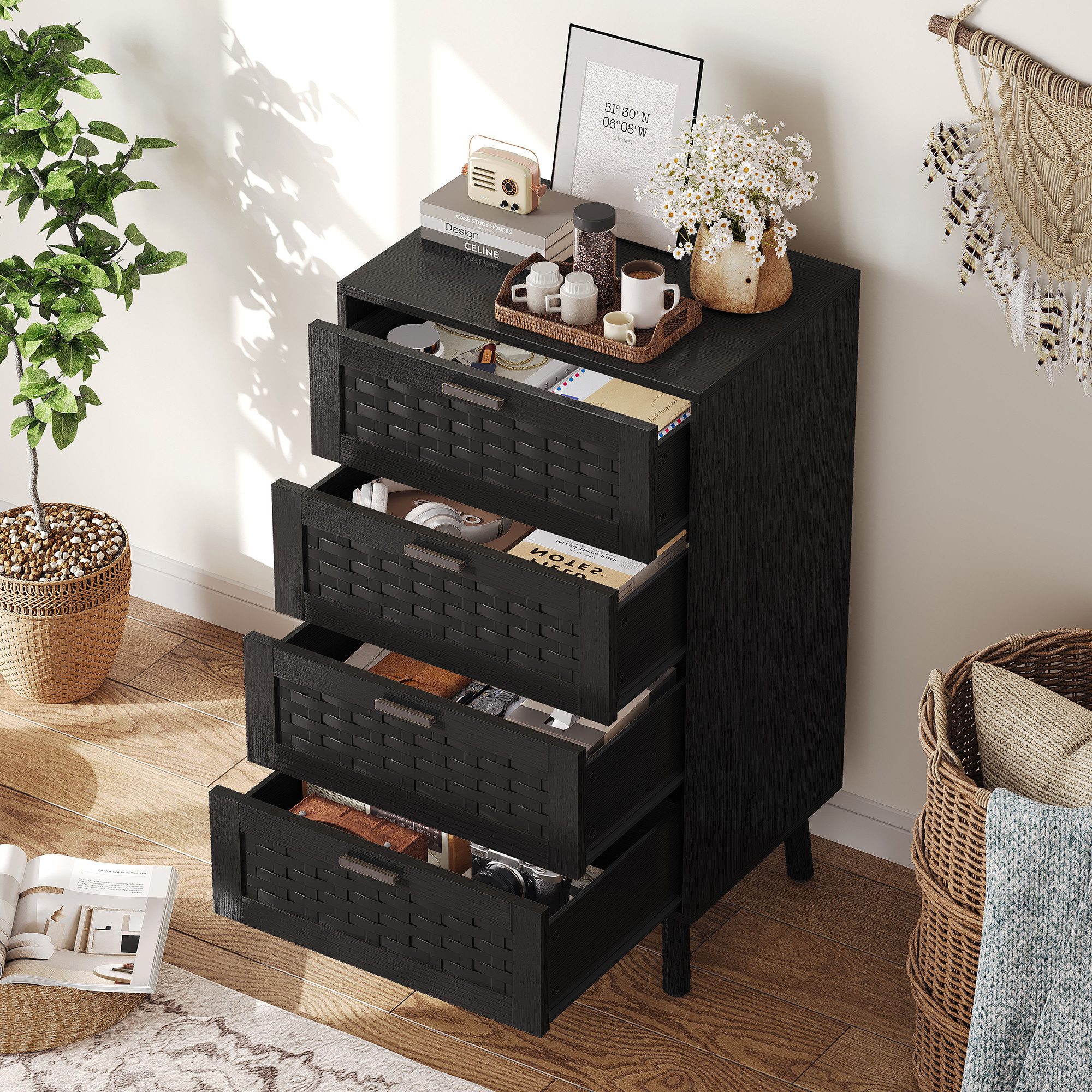 FUROKOY Kommode Sideboard mit 4 Schubladen Rattanschrank Küchenschrank, Schlafzimmerschrank Holz,Schwarz