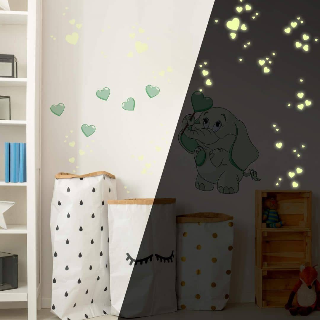 K&L Wall Art Wandtattoo Baby Elefant Leuchtende Bilder Grün 45x60cm selbstklebend, Kinderzimmer Leuchtsticker