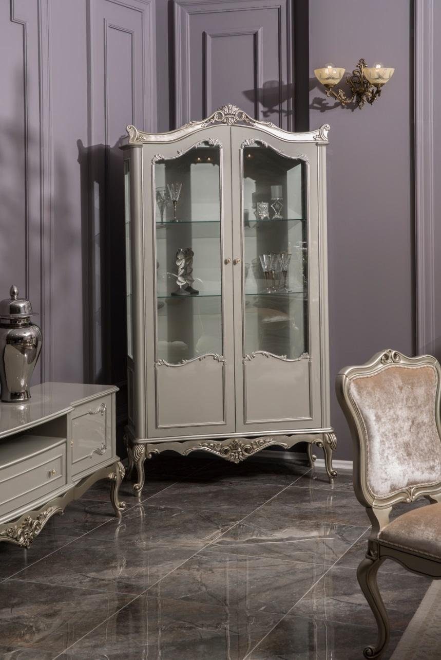 JVmoebel Vitrine Hellgraue Vitrine Barock Rokoko Schrank Glasschrank Vitrinen