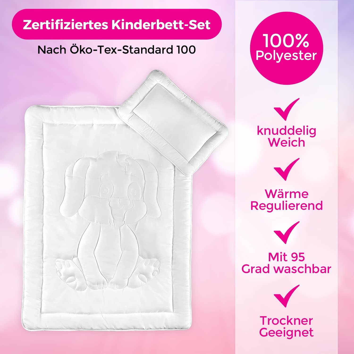 KiGATEX Babybettdecke Sommerdecke für Baby & Kind 100 x 135 + Flachkissen 40 x 60 cm –, Füllung: 100% Polyester Klimafaser, leicht, weich & bei 95°C waschbar