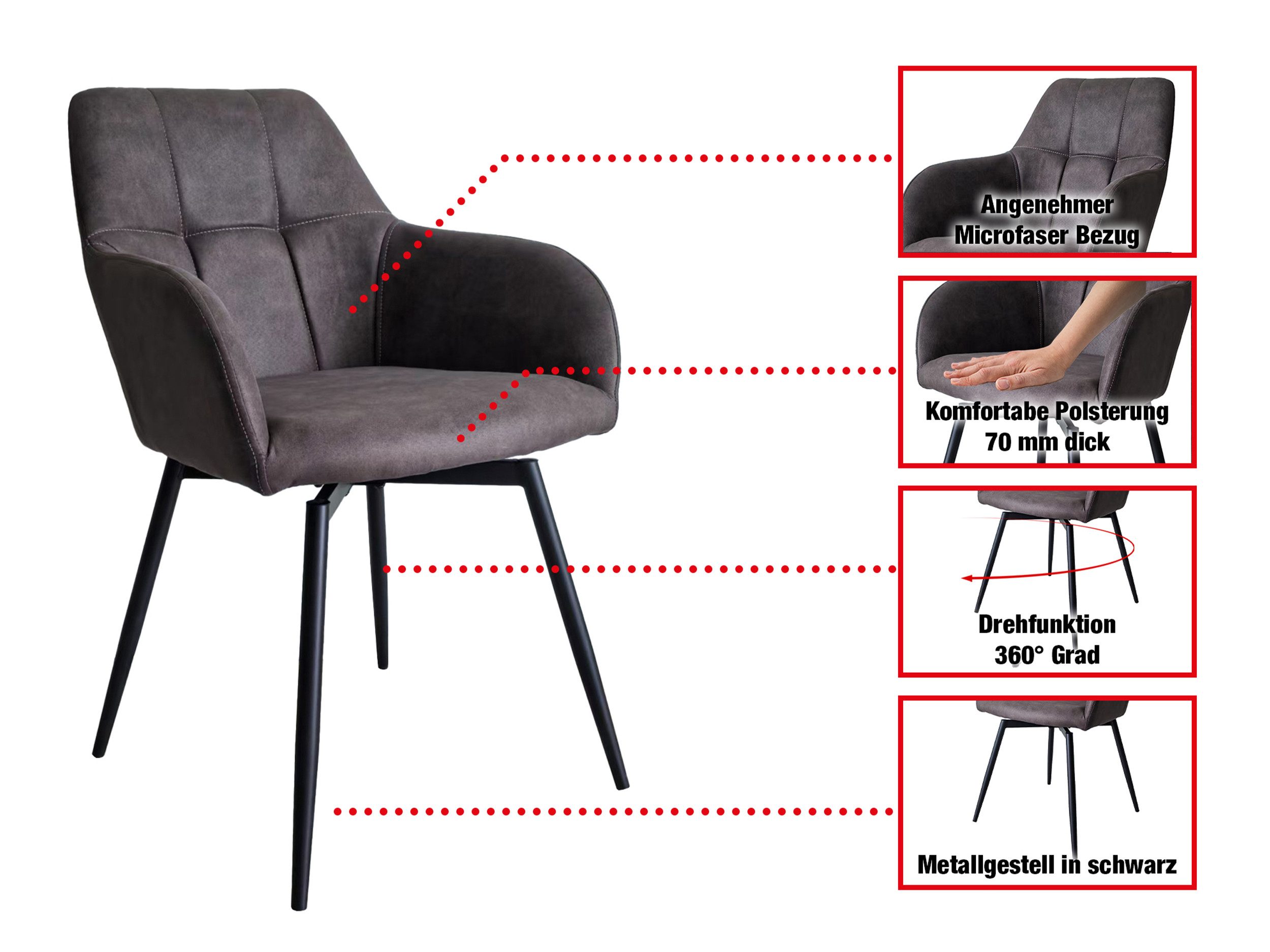 Massivart® Polsterstuhl 360 Grad drehbar / 70 mm Sitzpolsterung / »AIDEN«, Gestell schwarz Metall • Steppungen • ca. 120 kg belastbar