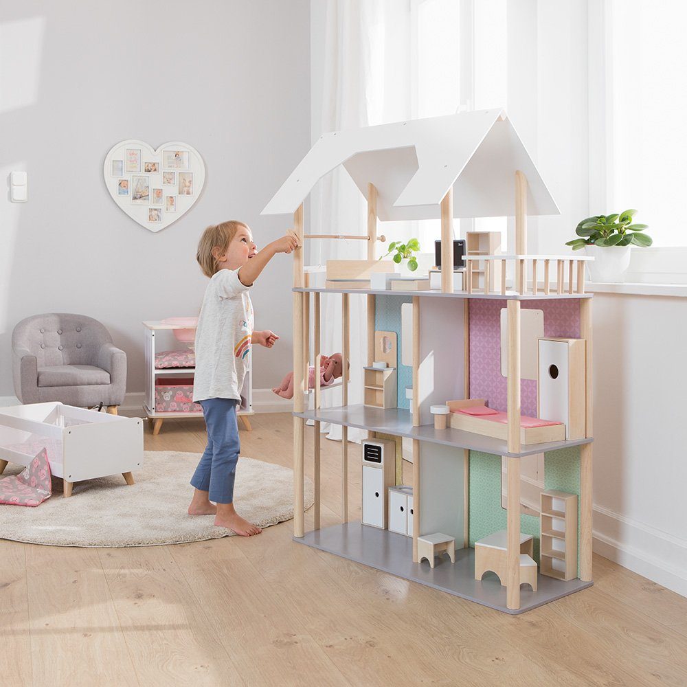 howa Puppenhaus, für Ankleidepuppen bis 30 cm incl. 19 tlg. Möbelset aus Holz