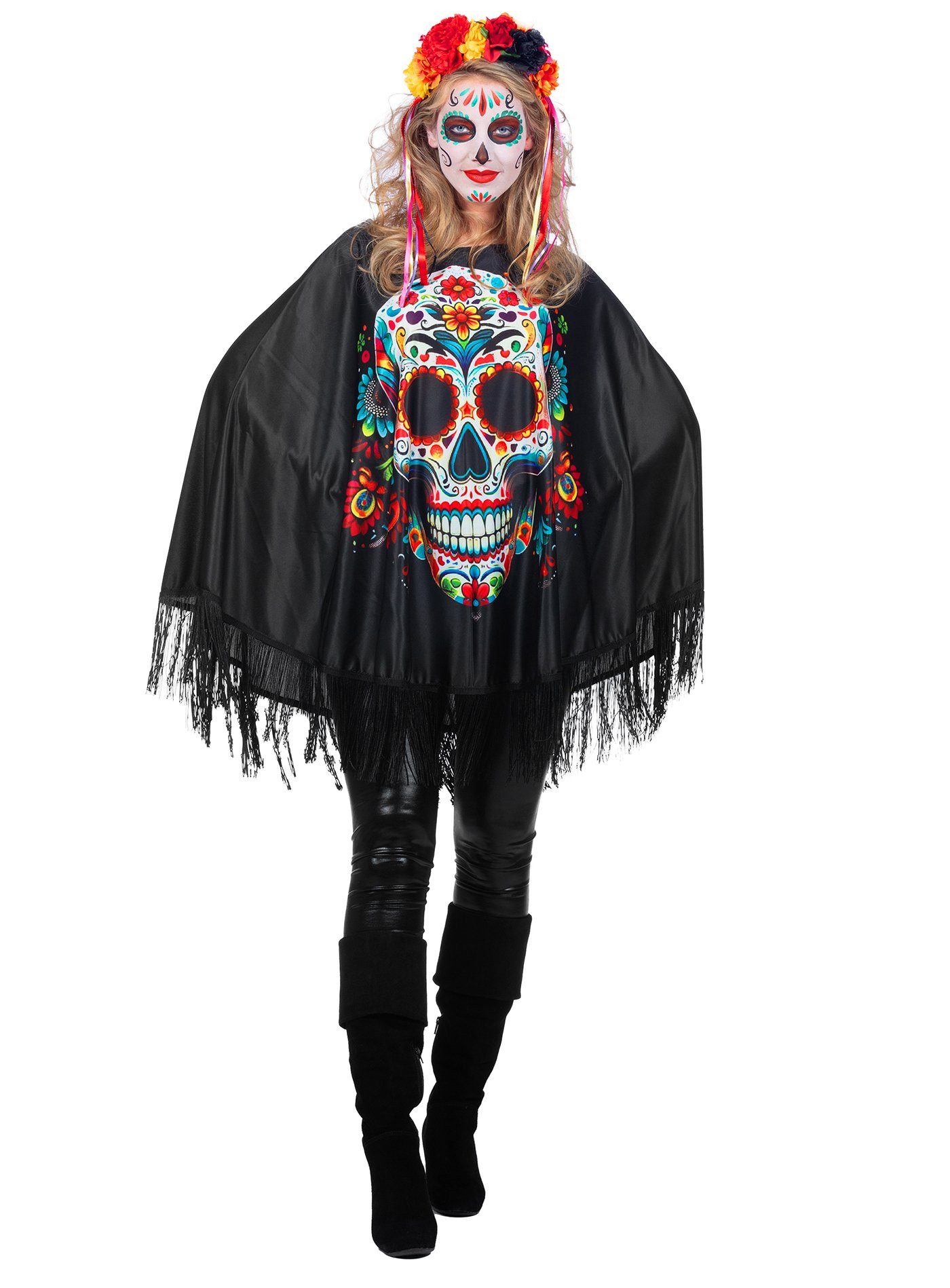 Metamorph Kostüm Dia de los Muertos Poncho mit Flower-Skull, Satin-Umhang m günstig online kaufen