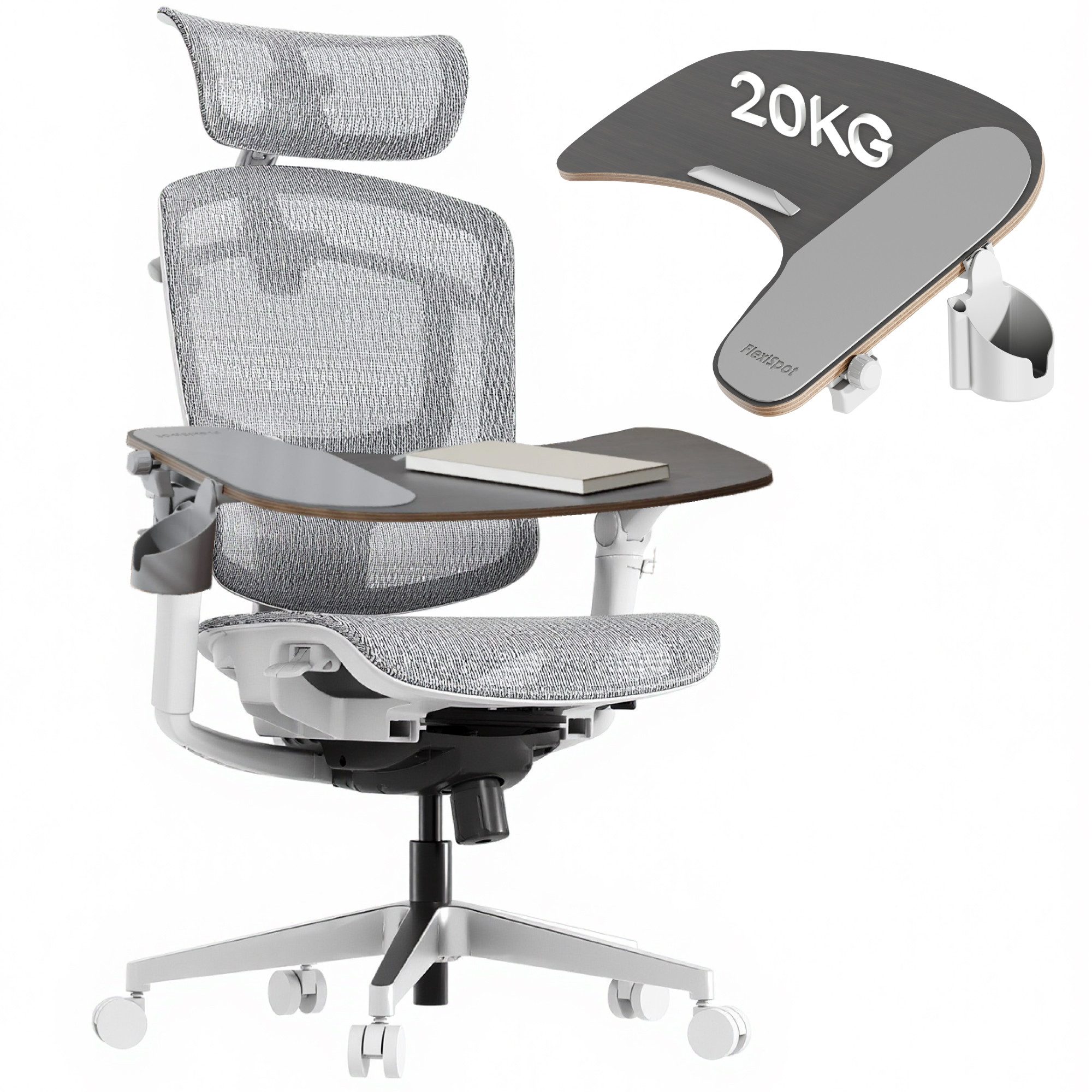 FLEXISPOT Drehstuhl ErgoX Pro Ergonomischer Bürostuhl mit 12-stufiger Höhenverstellung (mit 7D-Armlehnen, 5D-Lendenstütze, 4D-Kopfstütze, inkl. Laptoptisch), Netzsitz Schreibtischstuhl, 250 kg Belastbarkeit