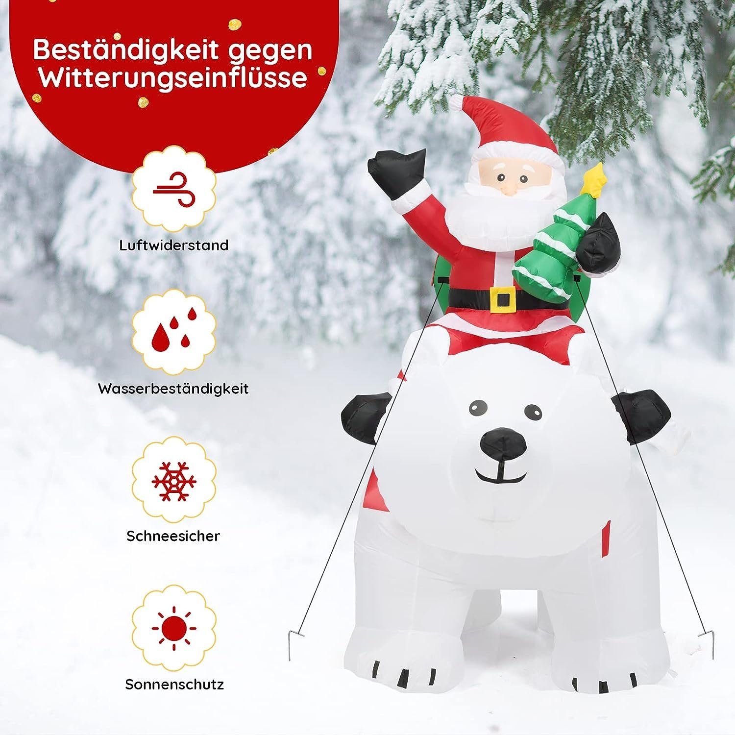KOMFOTTEU Weihnachtsmann auf Eisbär aufblasbare Weihnachtspolarbär, mit LED-Beleuchtung