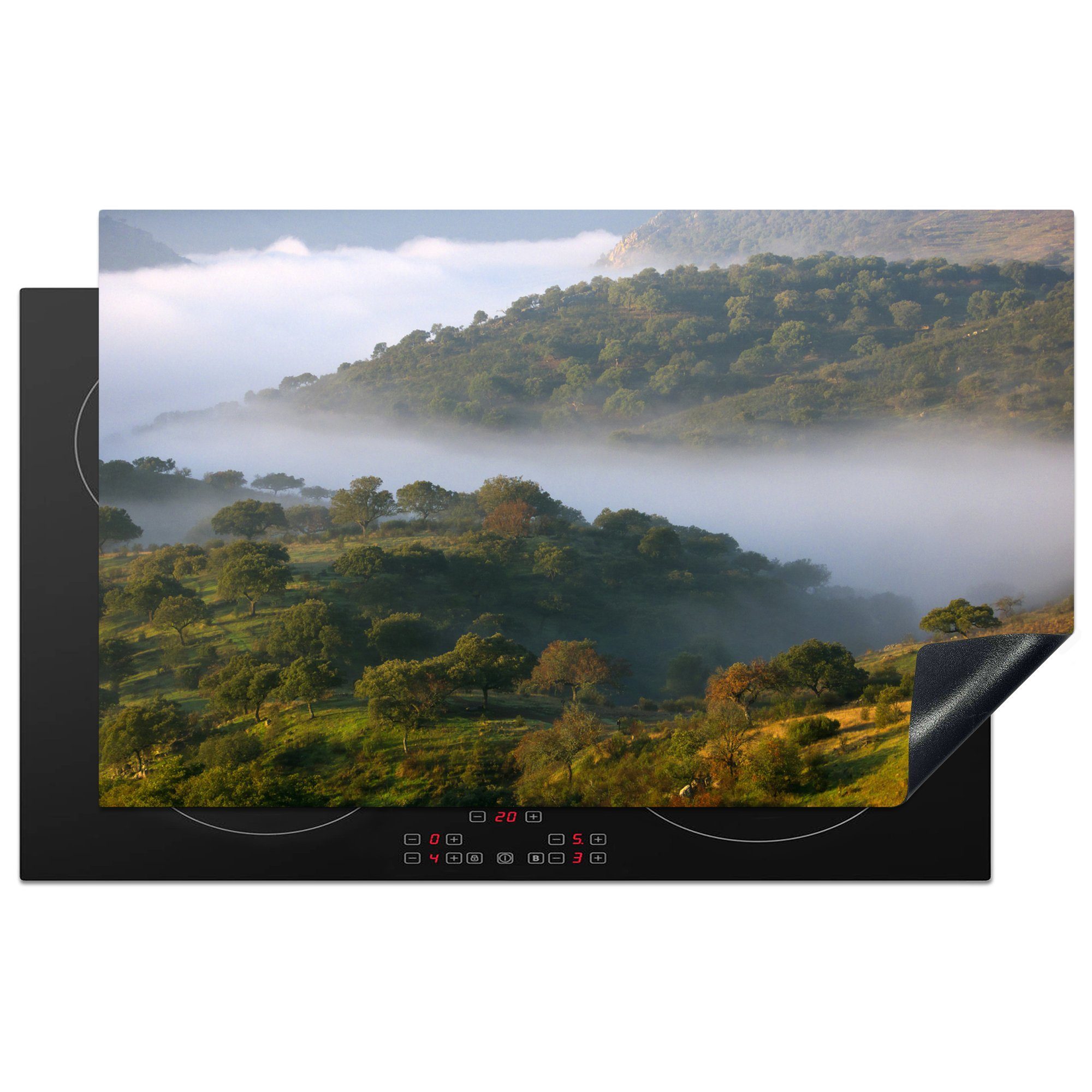 in 83x51 tlg), für Nationalparks cm, Nebel in Herdblende-/Abdeckplatte küche Landschaft Ceranfeldabdeckung, MuchoWow Vinyl, der (1 Spanien, Arbeitsplatte Monfragüe des