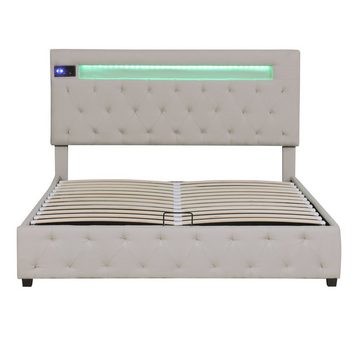 Ulife Polsterbett Doppelbett Funktionsbett Bettrahmen mit aufladen USB, mit aufladen USB, Bluetooth-Player und LED-Beleuchtung