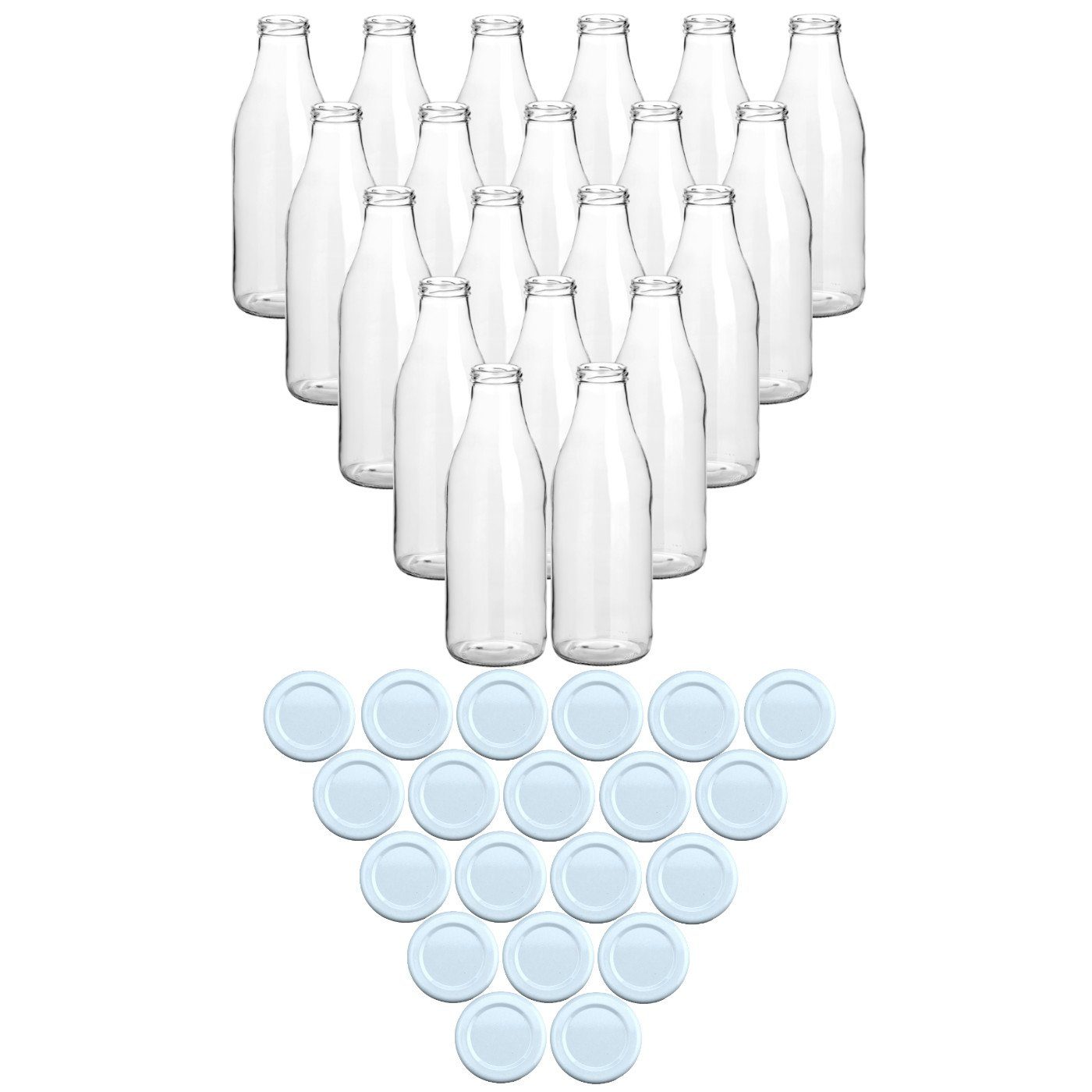 gouveo Trinkflasche Saftflaschen 1000 ml mit Schraub-Deckel - Große Flasche 1,0 l aus Glas, 20er Set, weiß