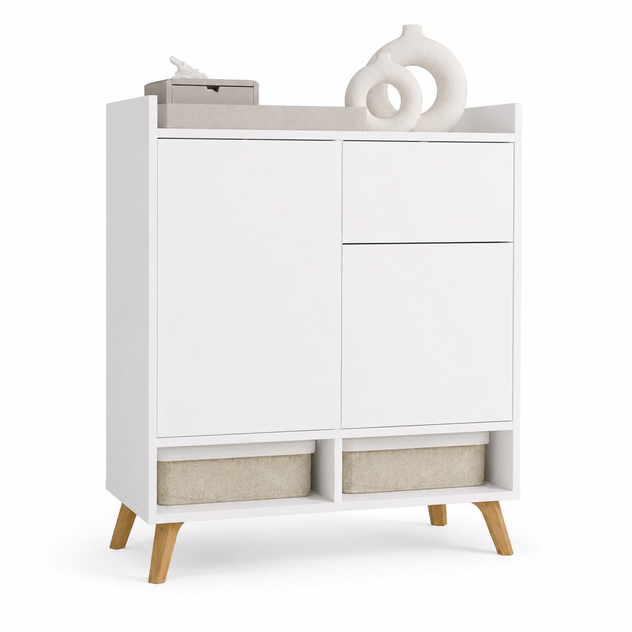 ibonto Nachtkommode Kommode Weiß 80 cm Sideboard mit 2 Türen 1 Schublade Scandi
