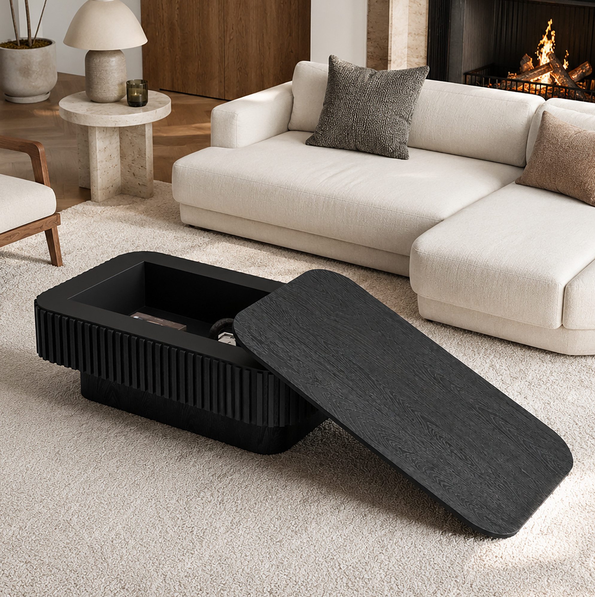 MODFU Couchtisch Wohnzimmertisch 98 cm Rechteck Schwarz mit Stauraum Design (Packung, 1-St., Beistelltisch modernes Design für Apartment Wohnung und Büro), Kaffeetisch mit Holzfurnier Rillenfront und leichter Montage