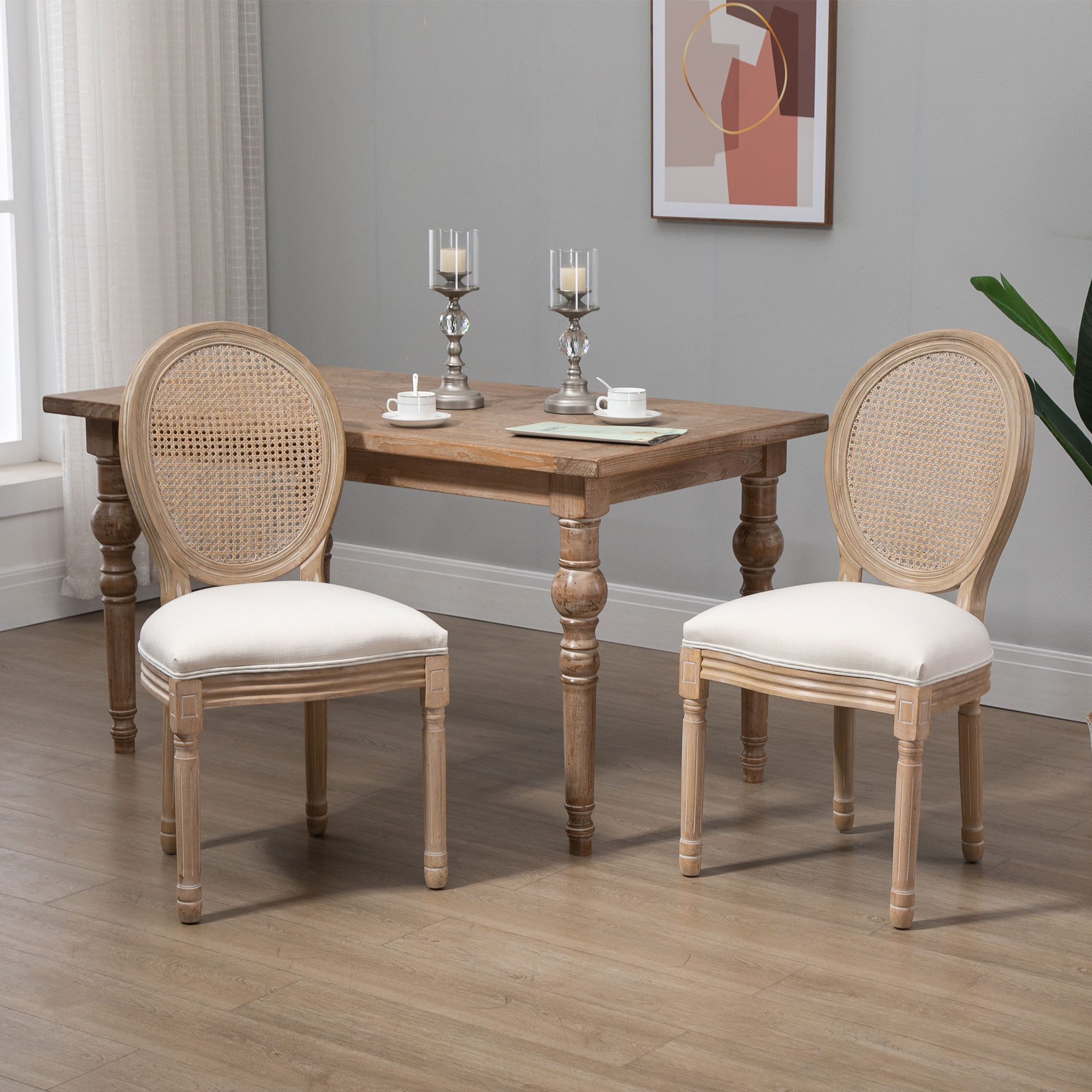 HOMCOM Esszimmerstuhl Küchenstuhl mit Rattan-Rückenlehne, Leinenoptik, Sessel, Stühle (Gepolsterter Polsterstuhl, 2 St), im Französischen Stil, für Wohnzimmer, Esszimmer, Cremeweiß