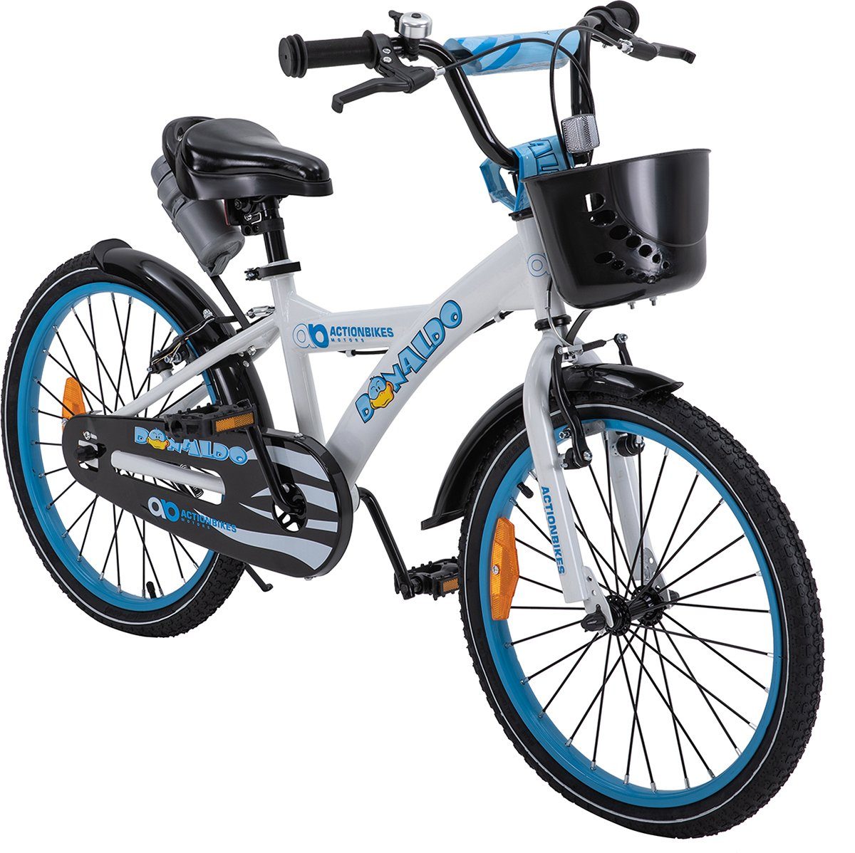 Actionbikes Motors Kinderfahrrad Kinder Fahrrad BMX Donaldo inkl. Korb - weiß / blau, 1 Gang, ohne Schaltung, (Jungenfahrrad, 20 Zoll, ab 115 cm Körpergröße, max. Zuladung 50 kg, Fahrradständer, Klingel, Trinkflasche inkl. Halterung, Reflektoren, Antirutschgriffe, Lenkerschutz, 1-tlg., V-Brake-Bremsen, Luftbereifung, Schutzbleche, weiß / blau), höhenverstellbares Bike Jungen Mädchen Rad Kinderrad ab 6 Jahre