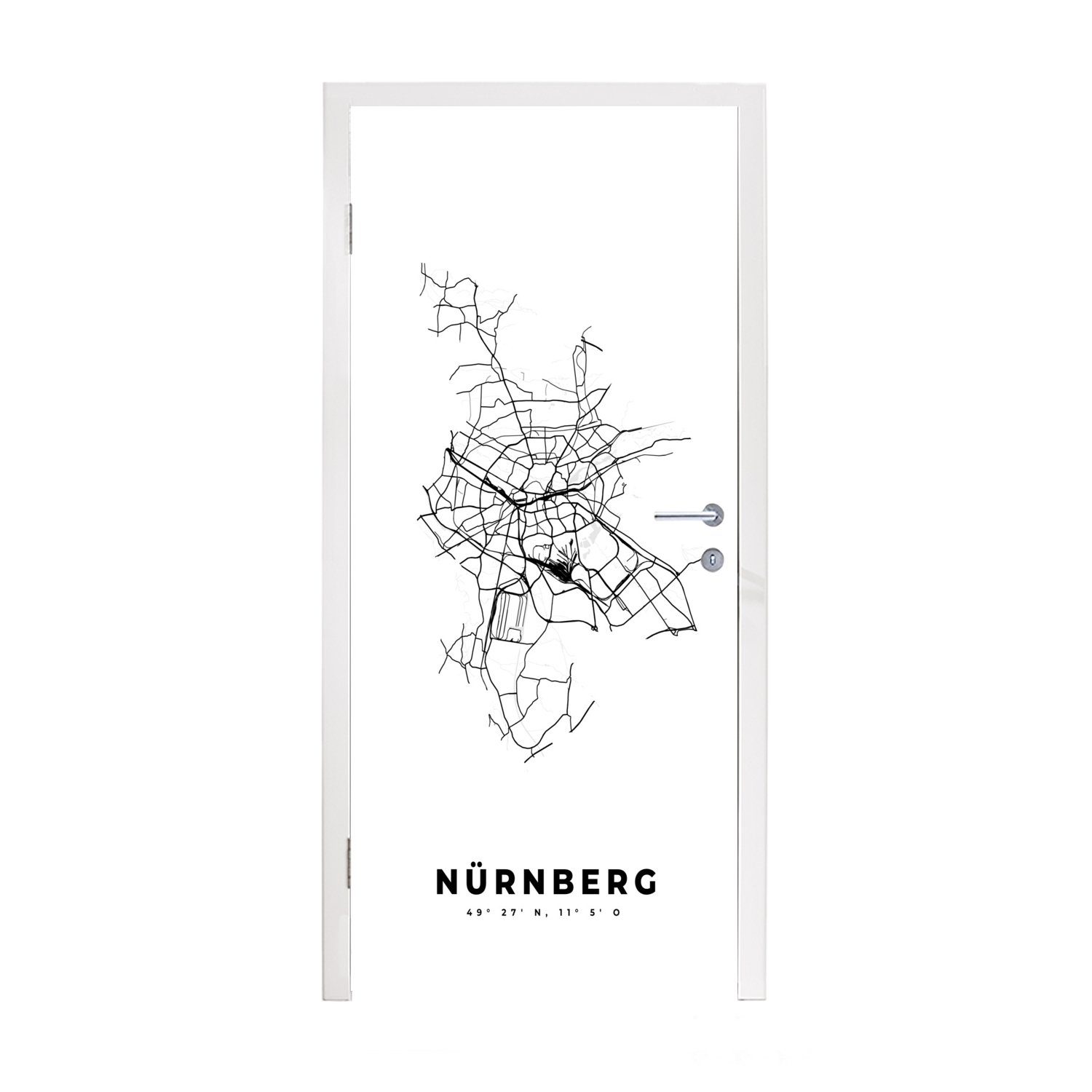 MuchoWow Türtapete Karte - Stadtplan - Nürnberg - Deutschland - Schwarz und weiß, Matt, bedruckt, (1 St), Fototapete für Tür, Türaufkleber, 75x205 cm