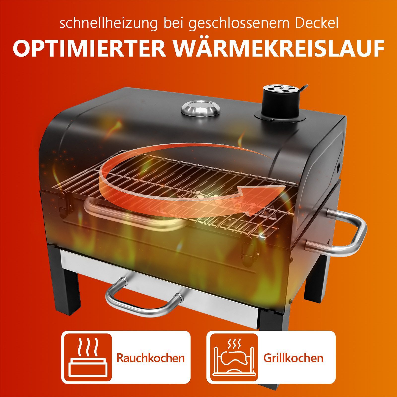 SunJas Holzkohlegrill K-SK610 Klappbarer Grill mit Thermometer und Lüftungssystem, Doppelstufiger Grillrost Grillfläche: 48 × 32 cm, Tischgrill Tragbarer Grill Campinggrill, für Outdoor-Picknick-Camping