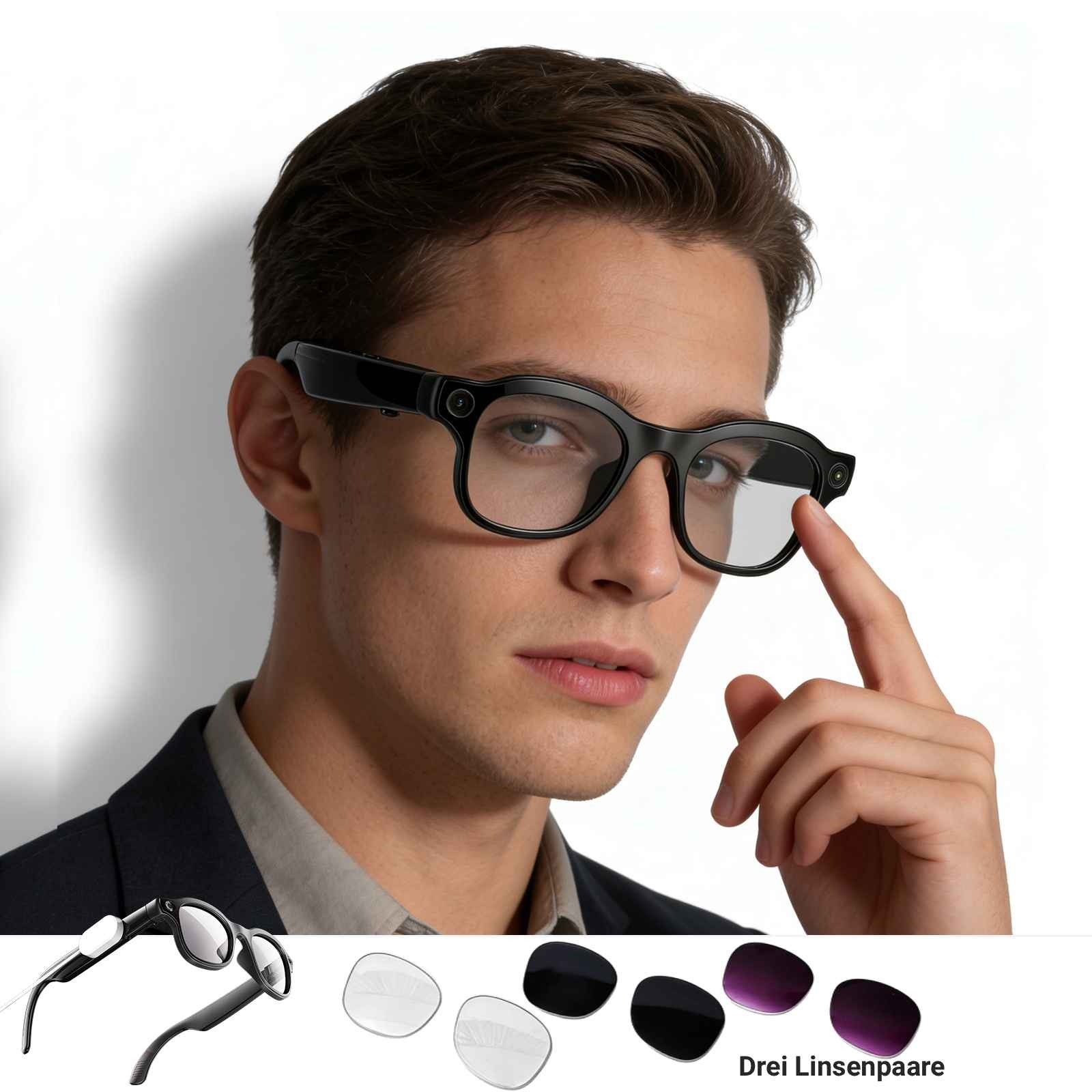 BBG LED-Brille Smart Glasses mit 8MP Kamera, Bluetooth 5.4, AI-Sprachassistent Open-Ear Audio, Wechselgläser, kabelloses Laden, für Android & iOS