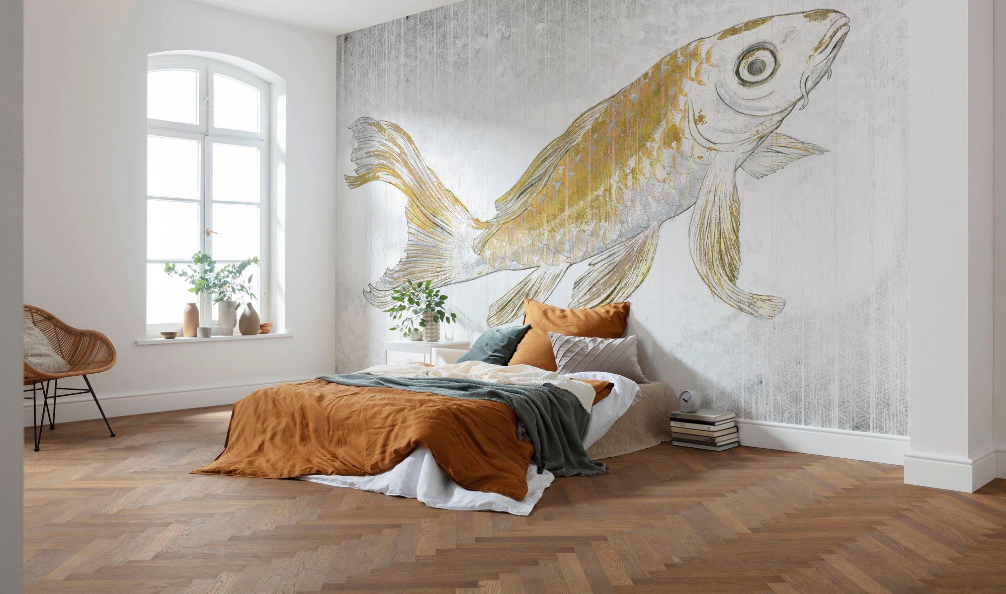 Komar Vliestapete Digitaldruck Vlies - Golden Koi - Größe 400 x 280 cm, glatt, bedruckt, Wohnzimmer, Schlafzimmer