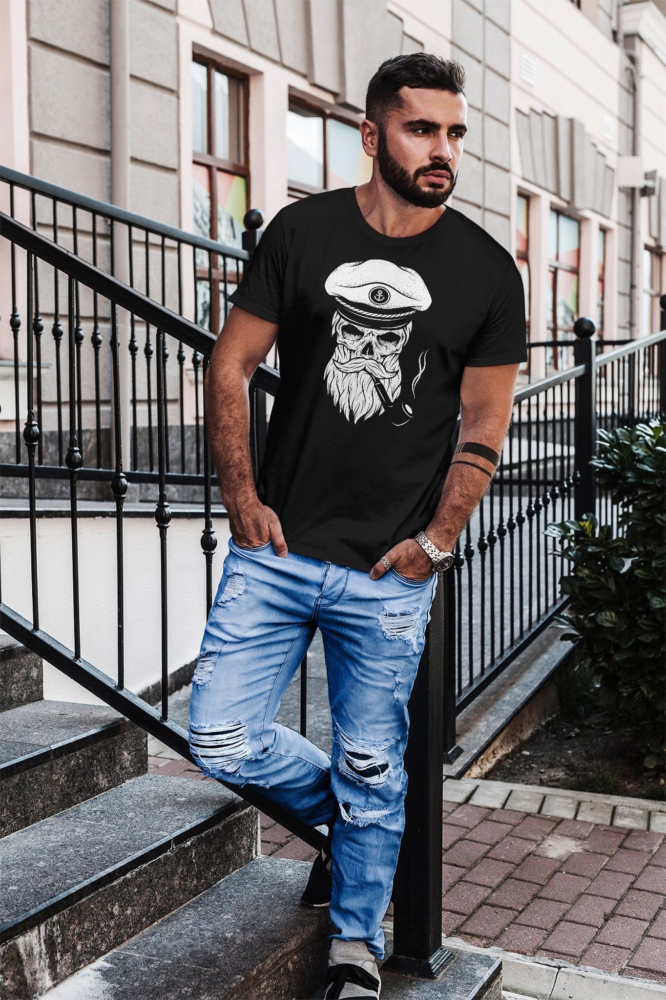 schwarz Neverless® Slim Print-Shirt Hipster Captain Fit mit Totenkopf Kapitän Skull T-Shirt Herren Neverless Print